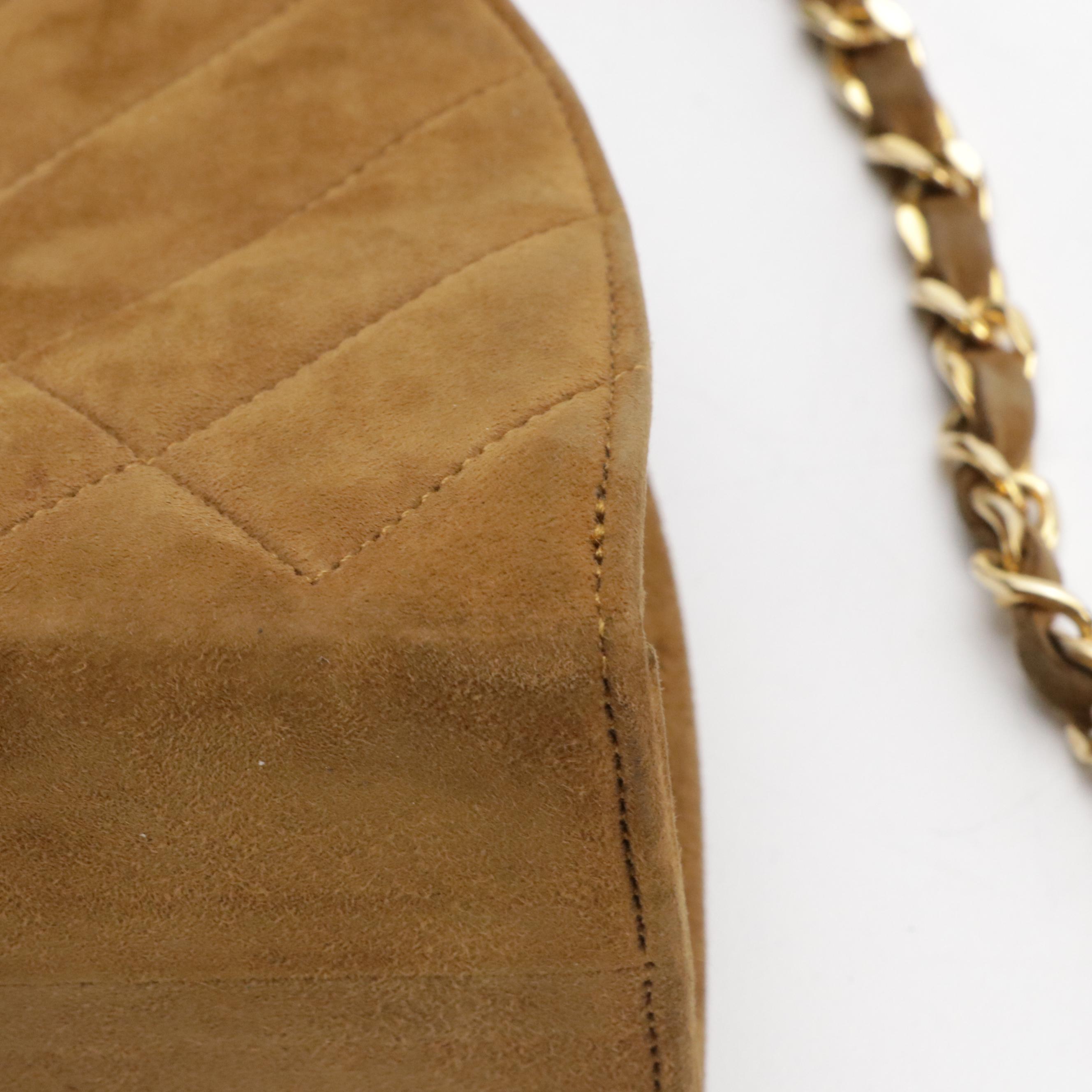 Chanel Half Moon Chain Link Shoulder Bag in Brown Stitched Suede