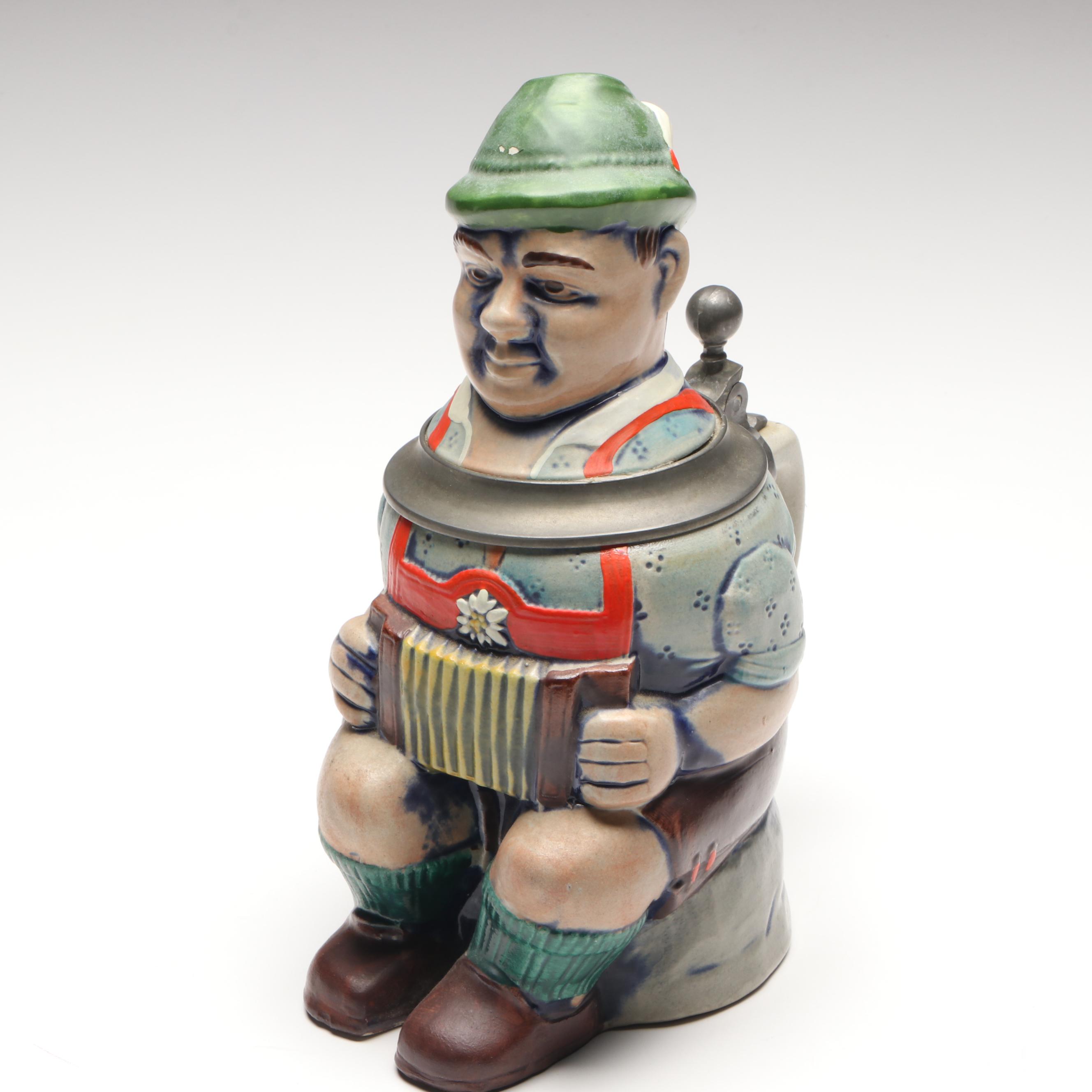 Gerz German Ceramic Accordion Player Beer Stein, Mid to Late 20th Century