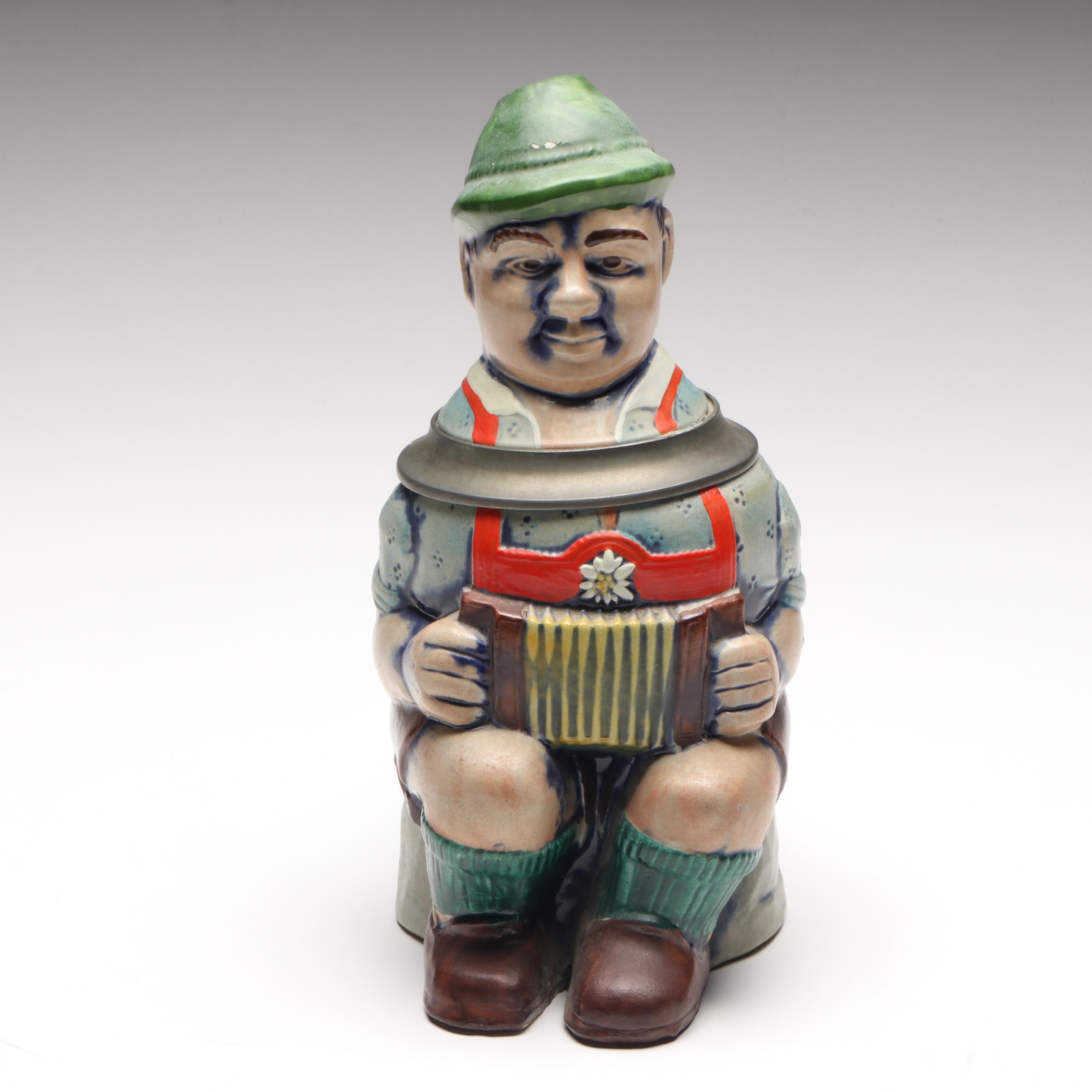 Gerz German Ceramic Accordion Player Beer Stein, Mid to Late 20th Century