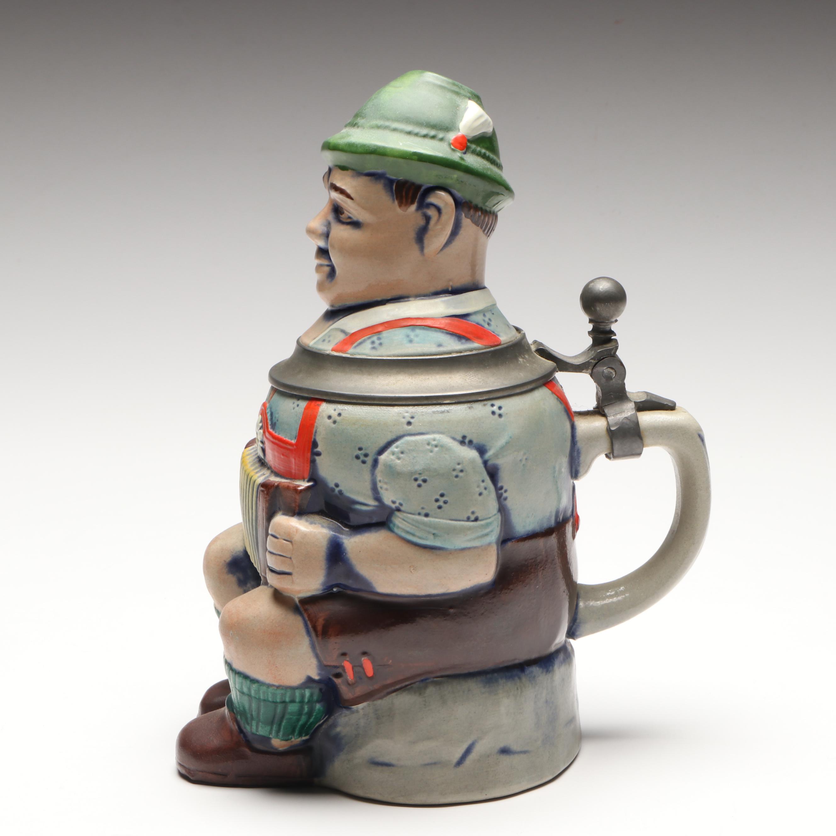 Gerz German Ceramic Accordion Player Beer Stein, Mid to Late 20th Century