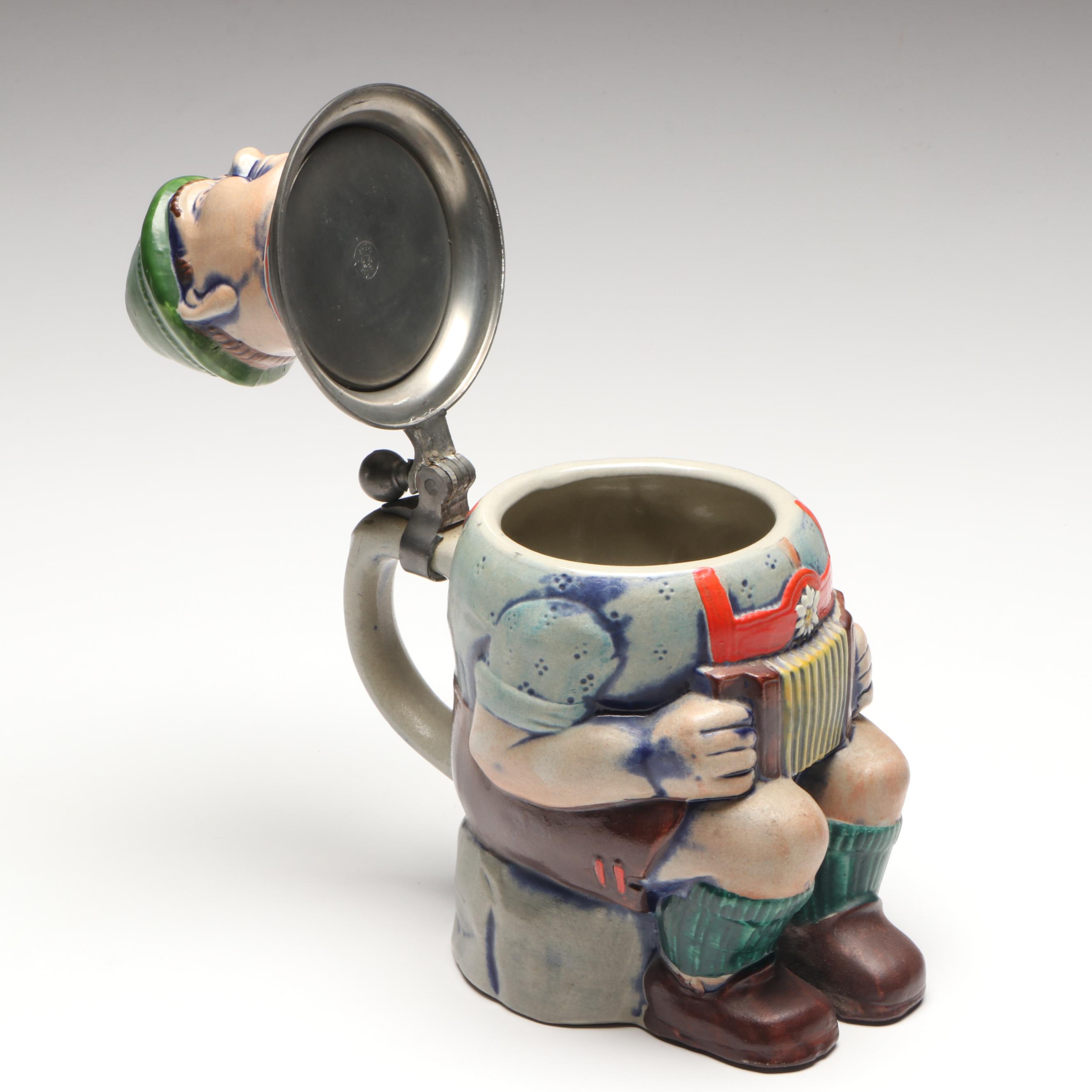 Gerz German Ceramic Accordion Player Beer Stein, Mid to Late 20th Century