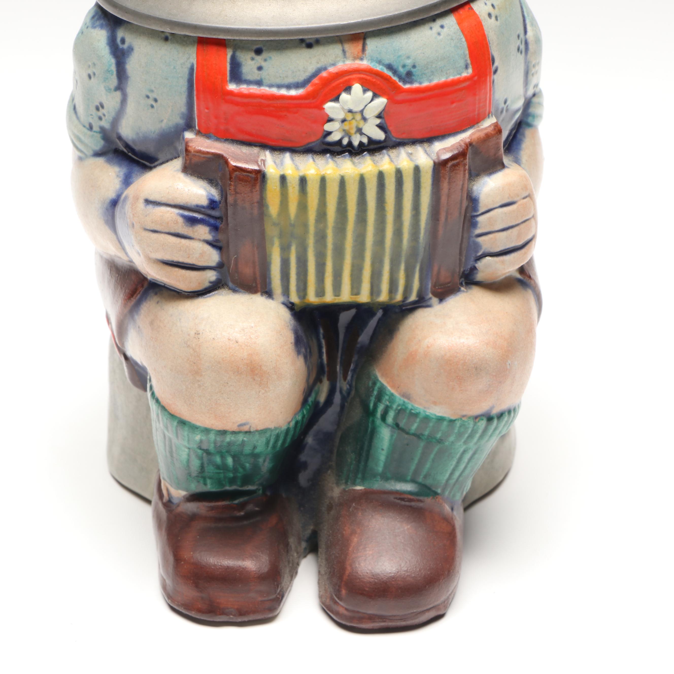 Gerz German Ceramic Accordion Player Beer Stein, Mid to Late 20th Century