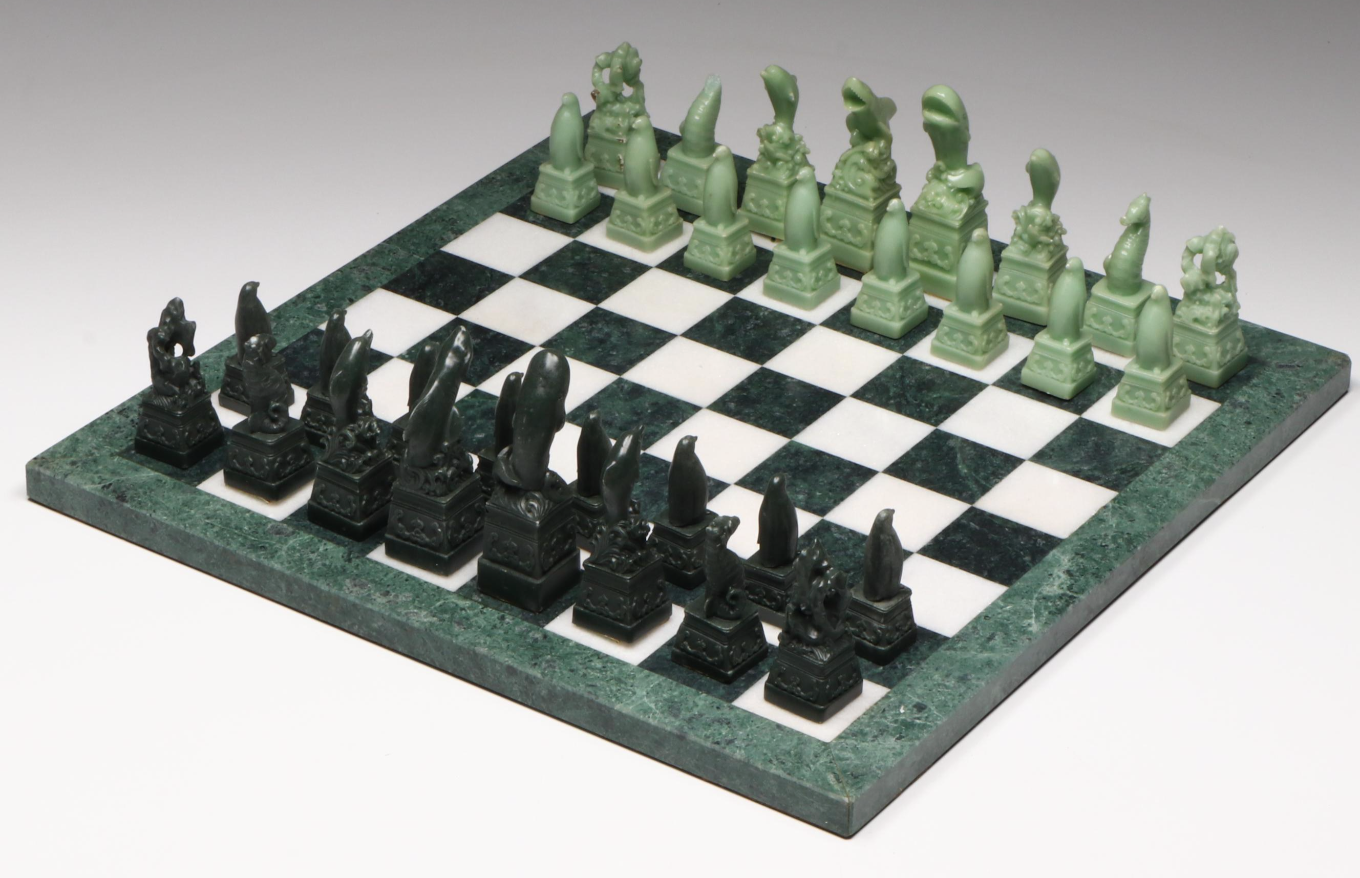 Marine Animal Chess Set with Green and White Marble Board