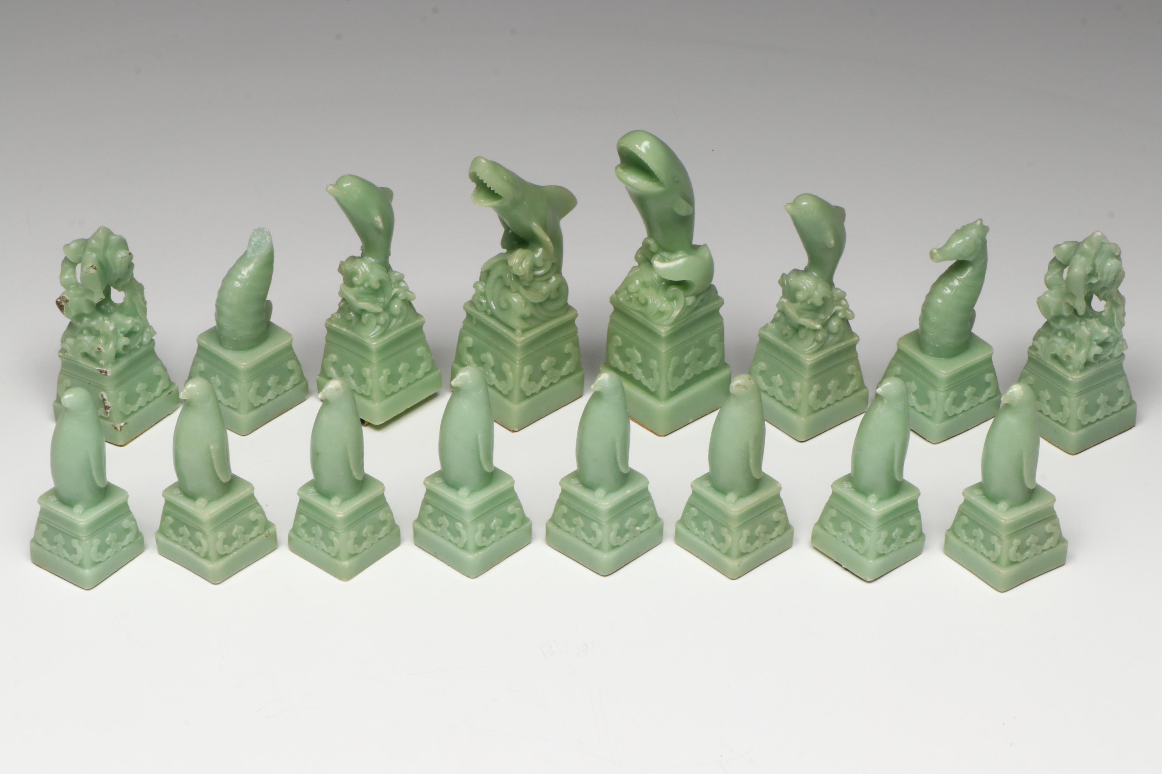 Marine Animal Chess Set with Green and White Marble Board