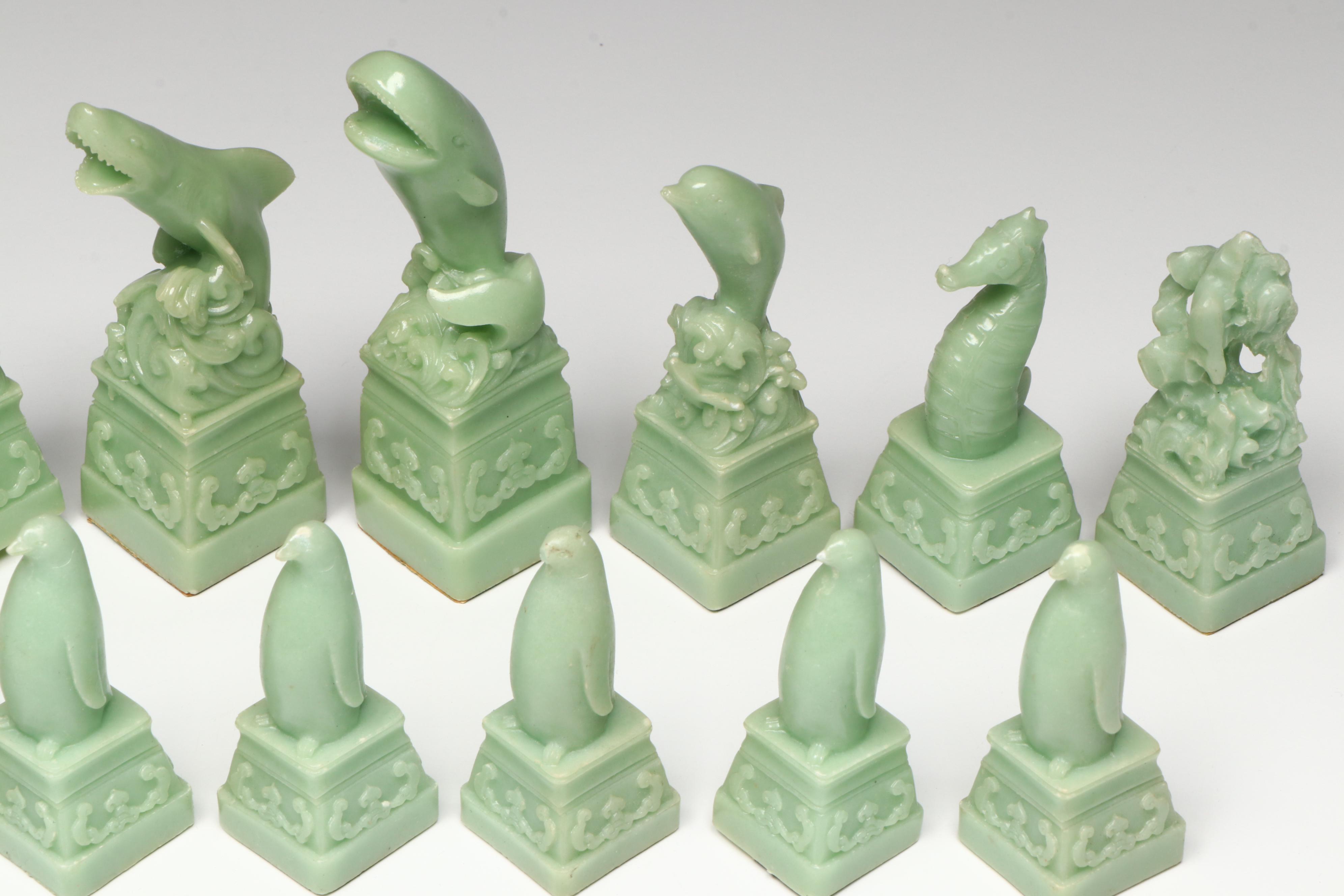 Marine Animal Chess Set with Green and White Marble Board