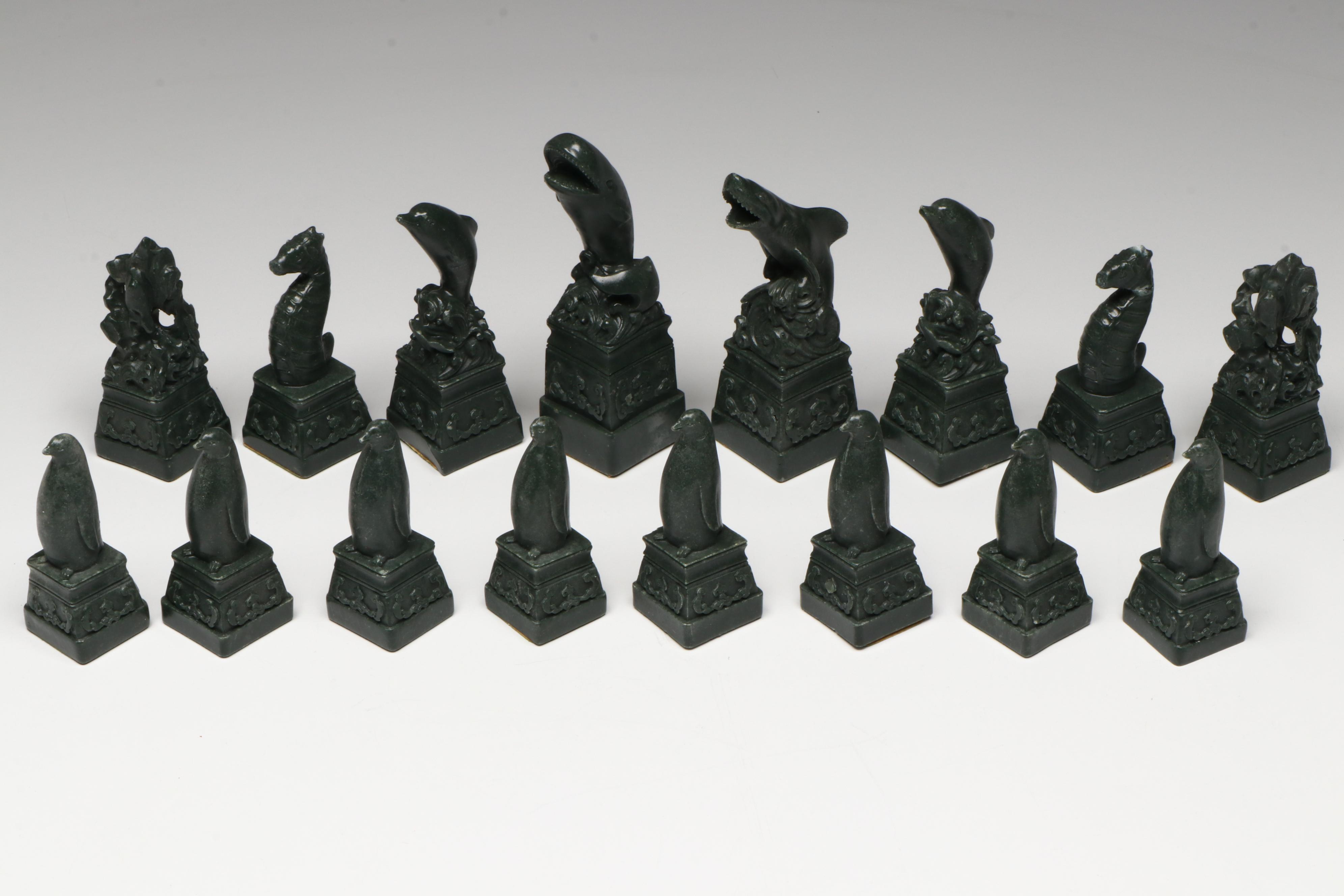 Marine Animal Chess Set with Green and White Marble Board