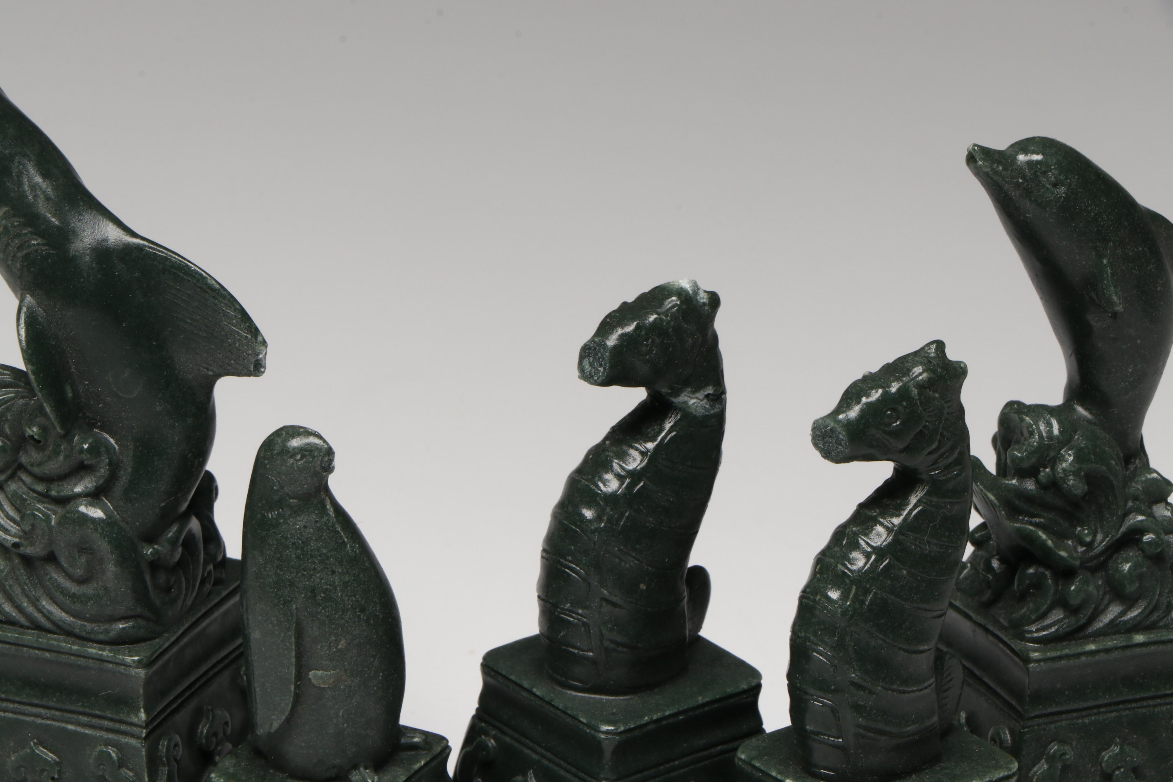 Marine Animal Chess Set with Green and White Marble Board