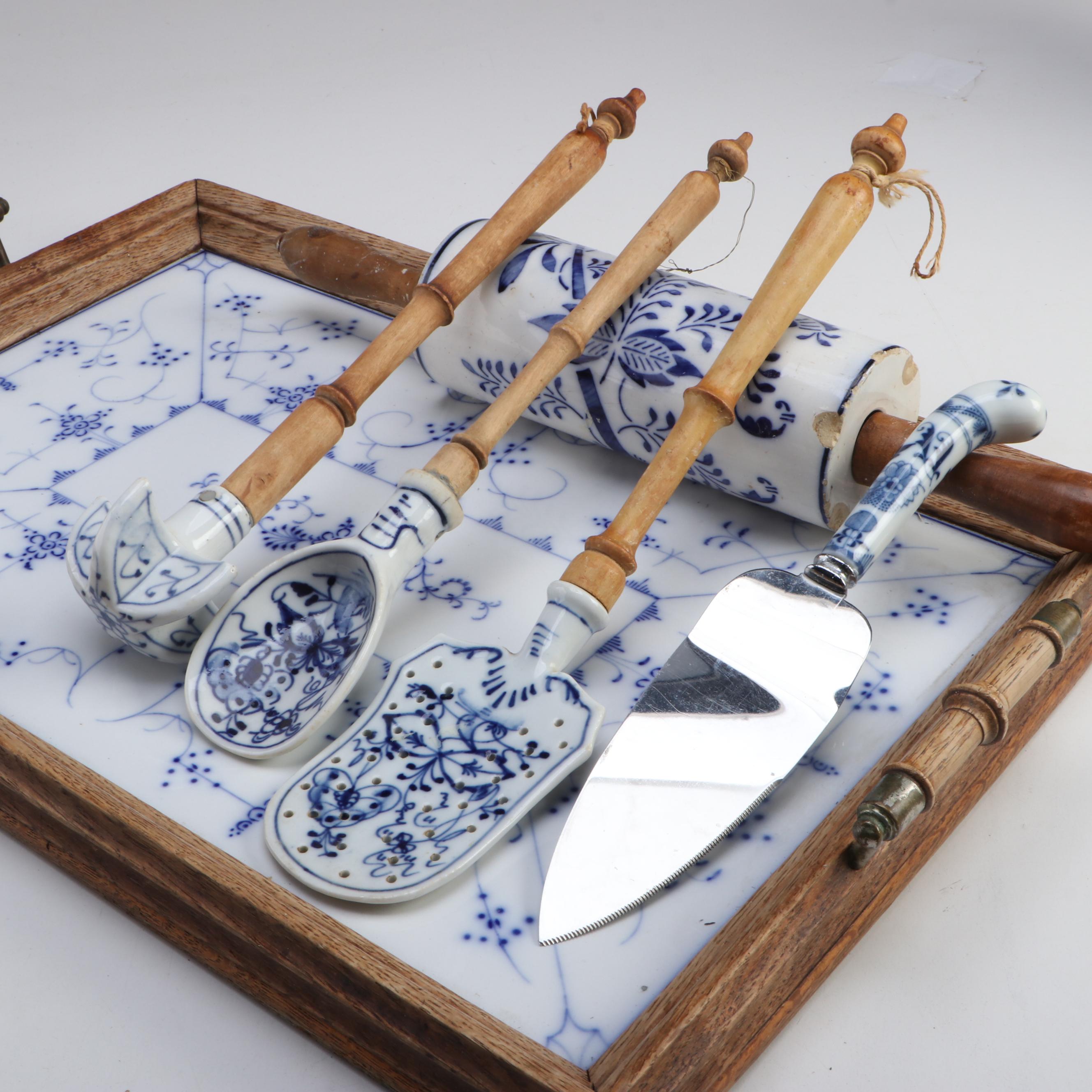 Royal Copenhagen Platter with Serving Tray and Other Ceramic and Wood Tableware