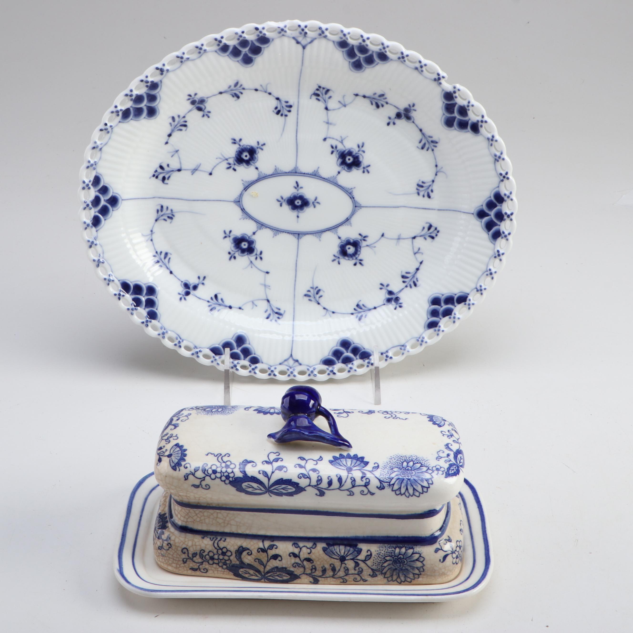 Royal Copenhagen Platter with Serving Tray and Other Ceramic and Wood Tableware