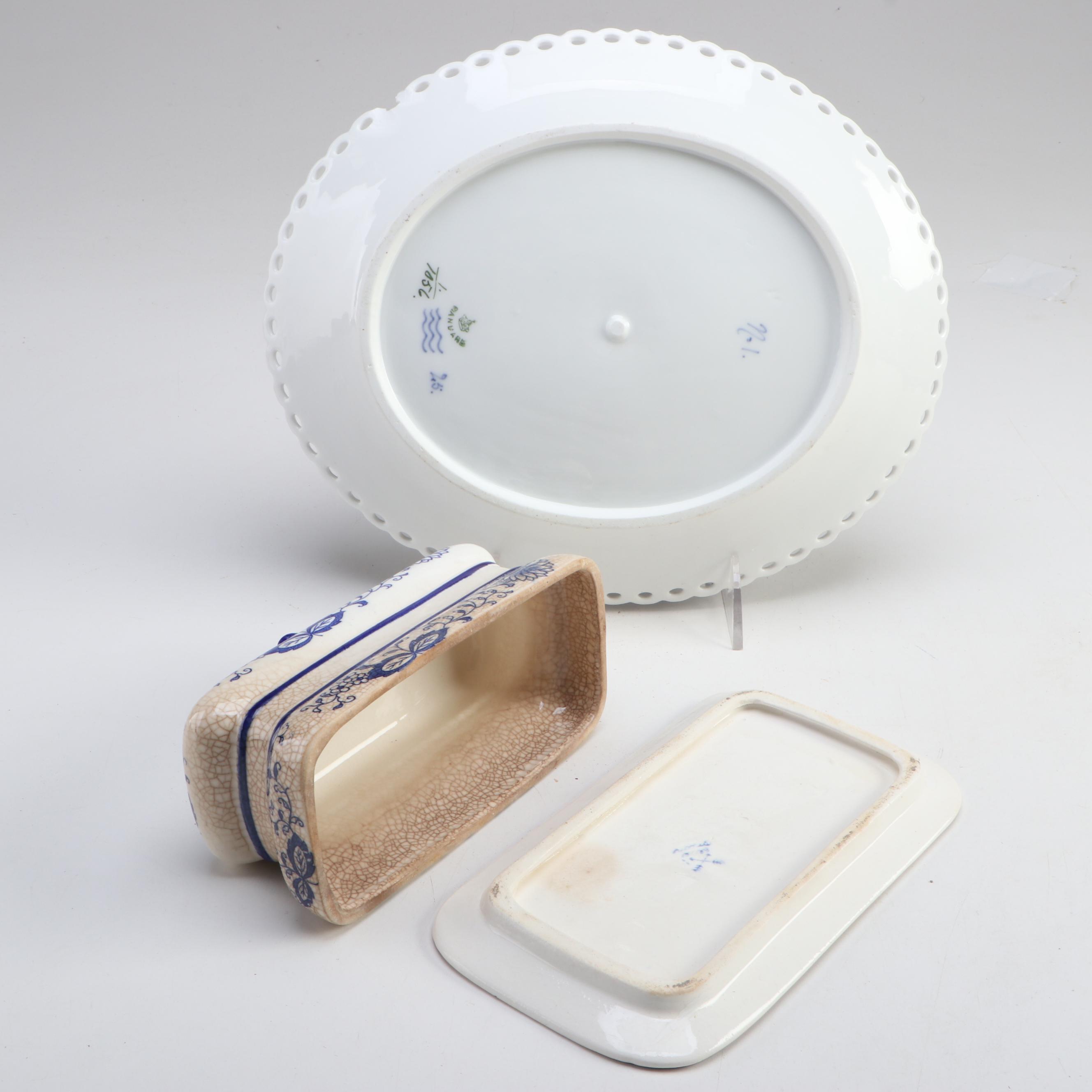 Royal Copenhagen Platter with Serving Tray and Other Ceramic and Wood Tableware