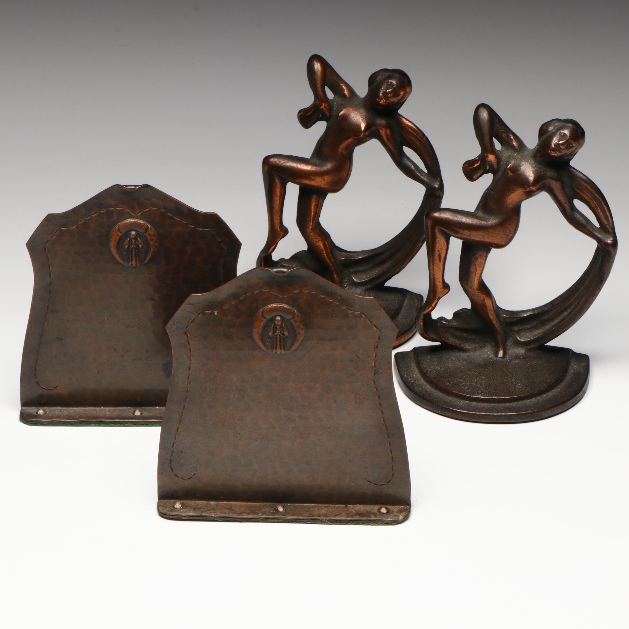 Art Nouveau Style Bronze Bookends with Old Mission Kopperkraft Bookends