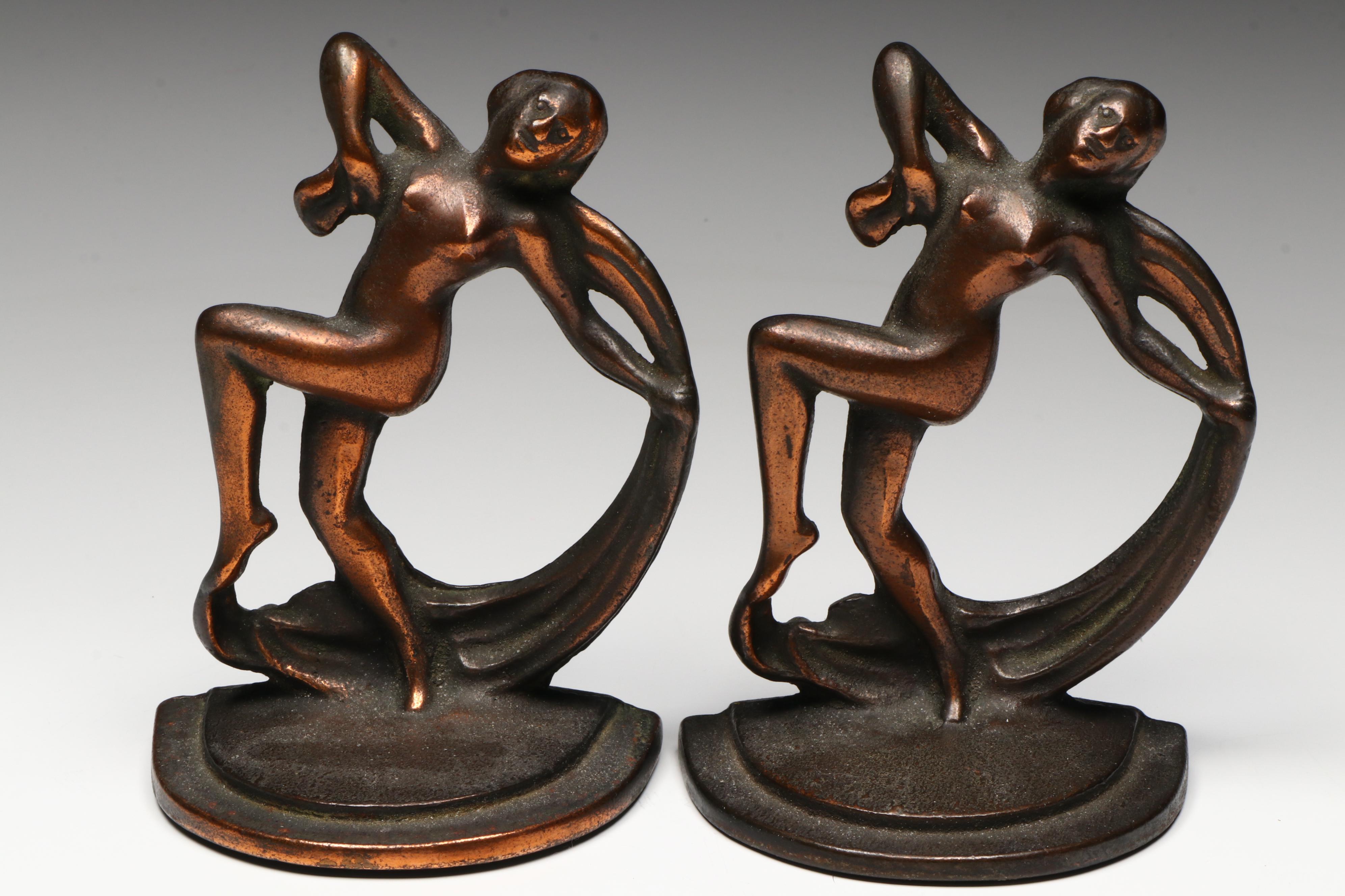 Art Nouveau Style Bronze Bookends with Old Mission Kopperkraft Bookends