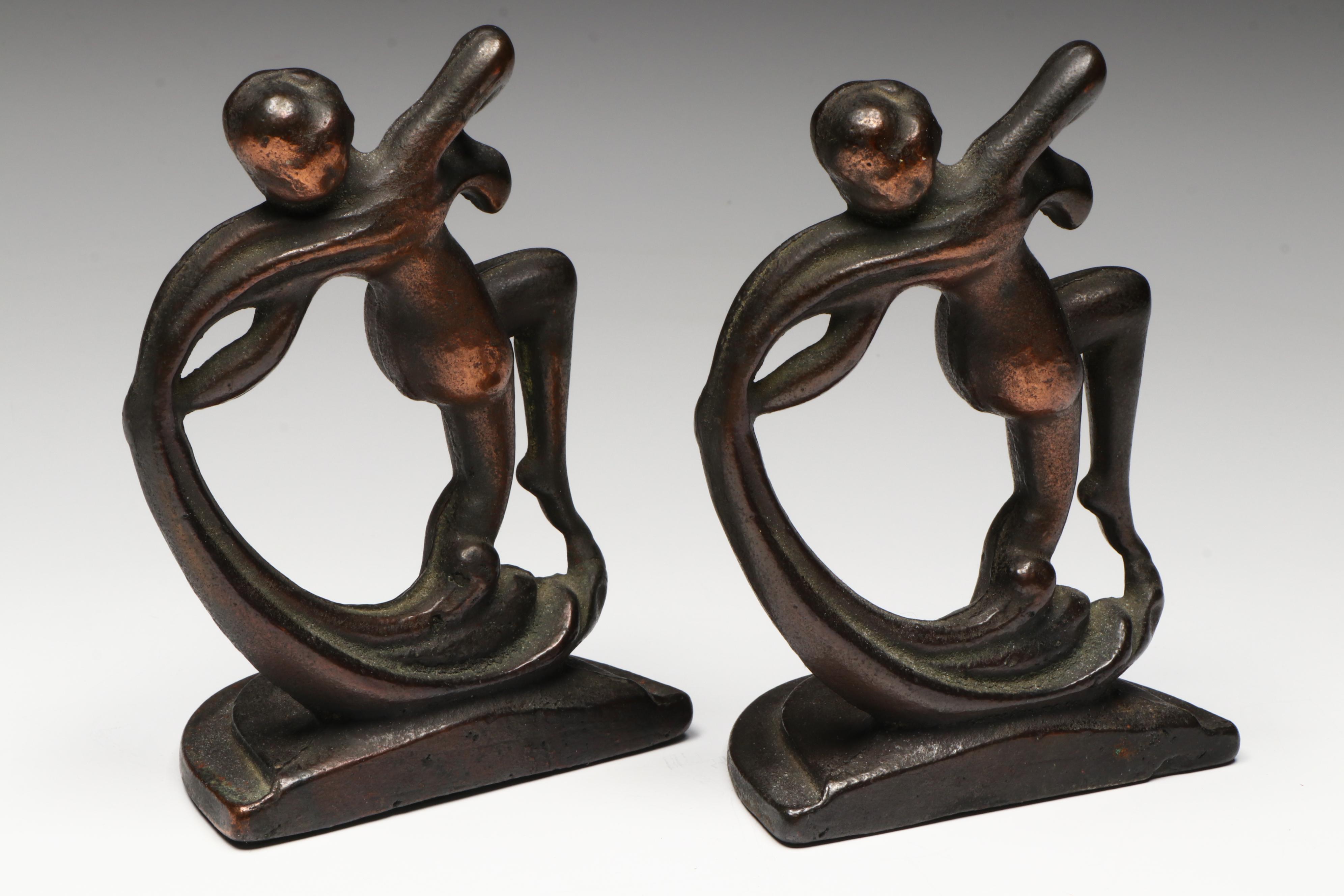 Art Nouveau Style Bronze Bookends with Old Mission Kopperkraft Bookends