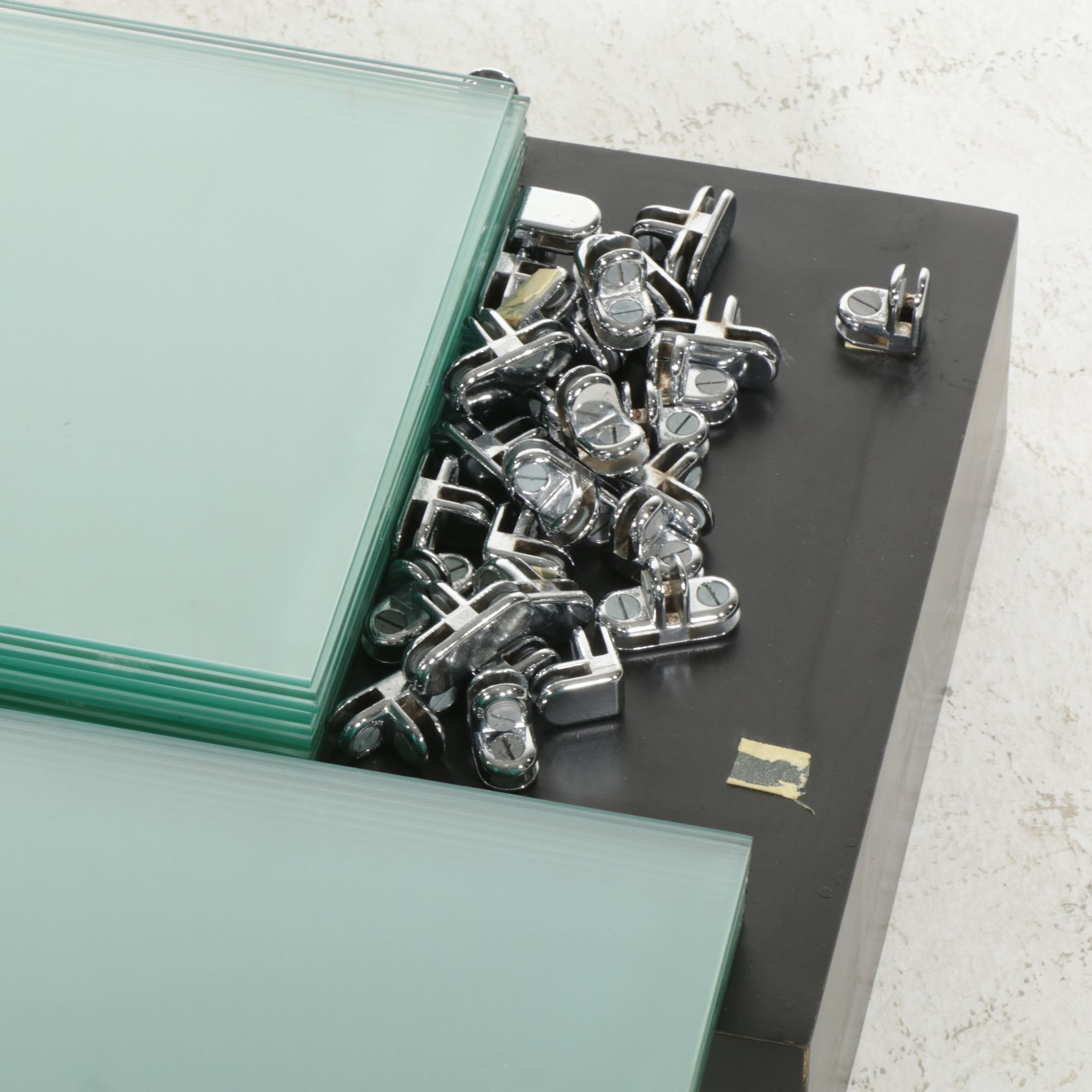 Contemporary Glass Display Shelves on Wood Bases, Pair