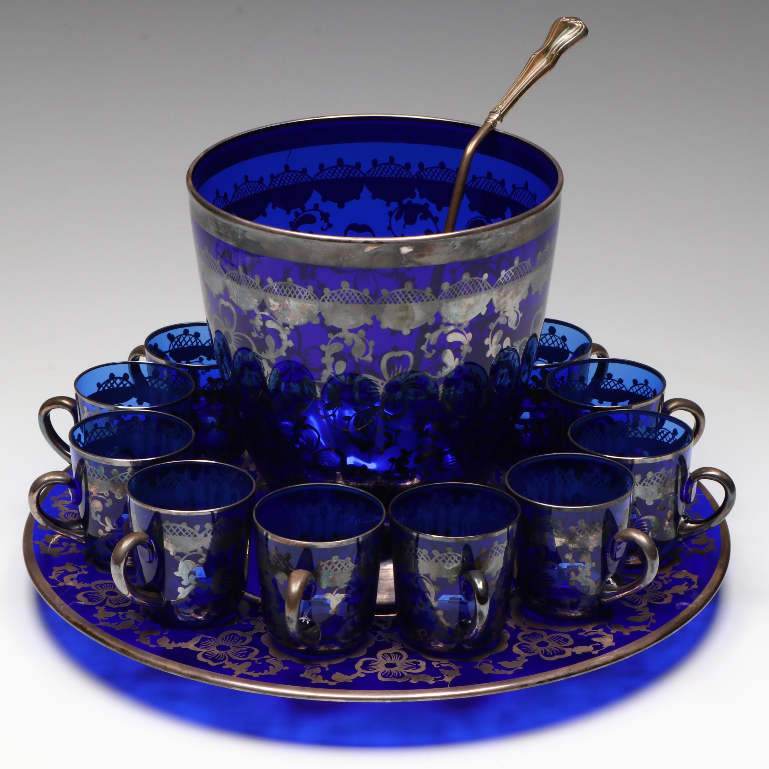 Cobalt Glass and Silver Tone Overlay Punch Set