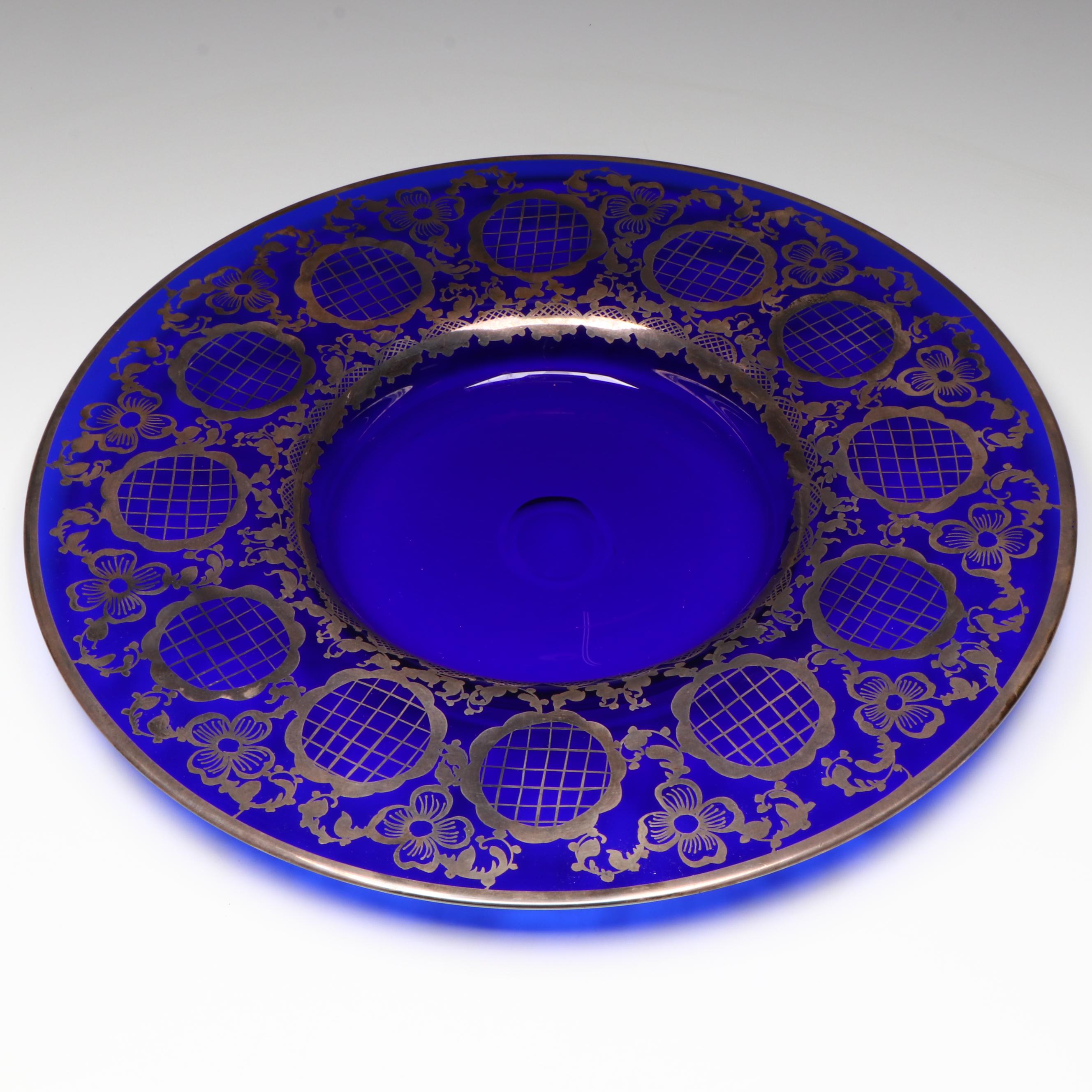 Cobalt Glass and Silver Tone Overlay Punch Set