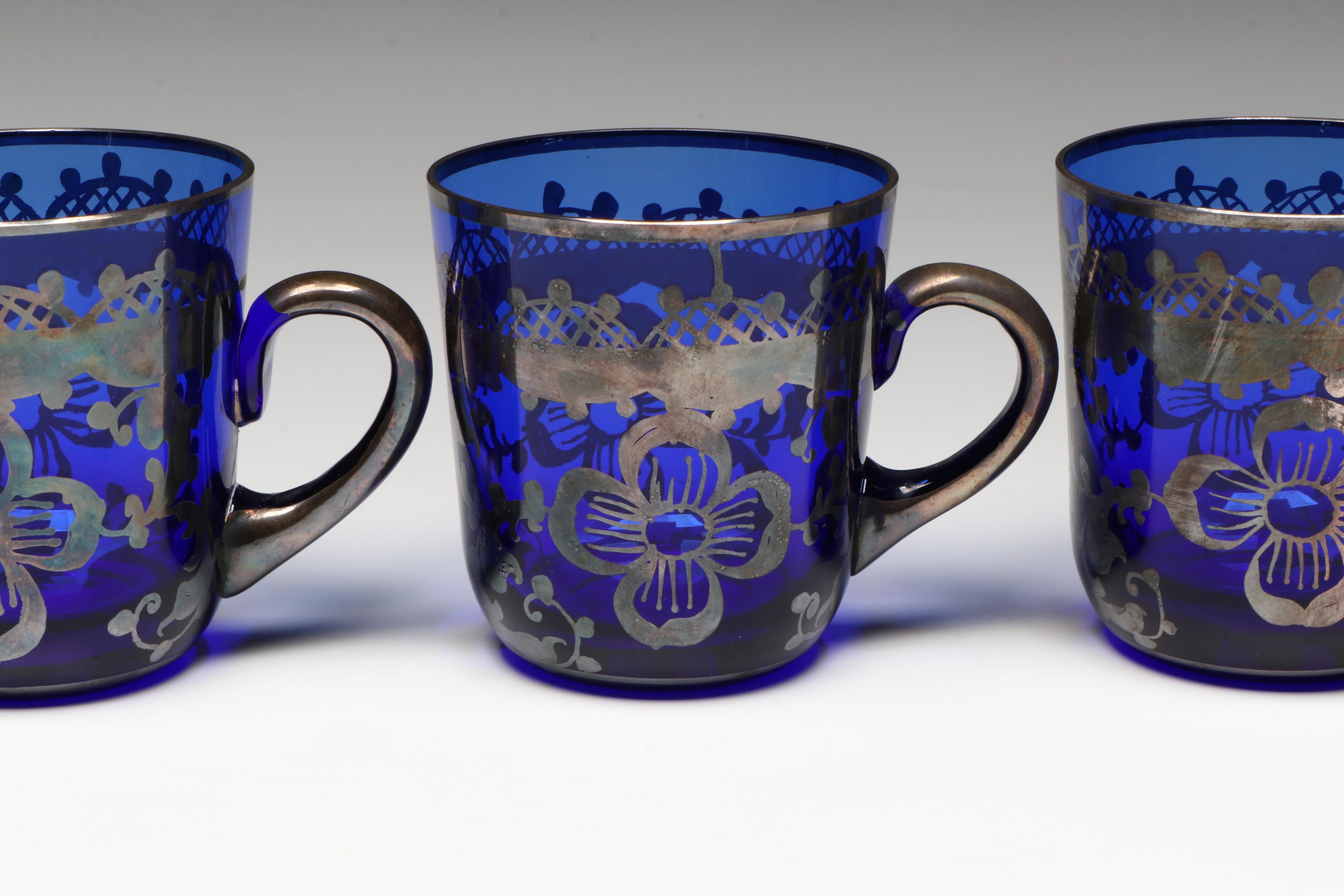 Cobalt Glass and Silver Tone Overlay Punch Set