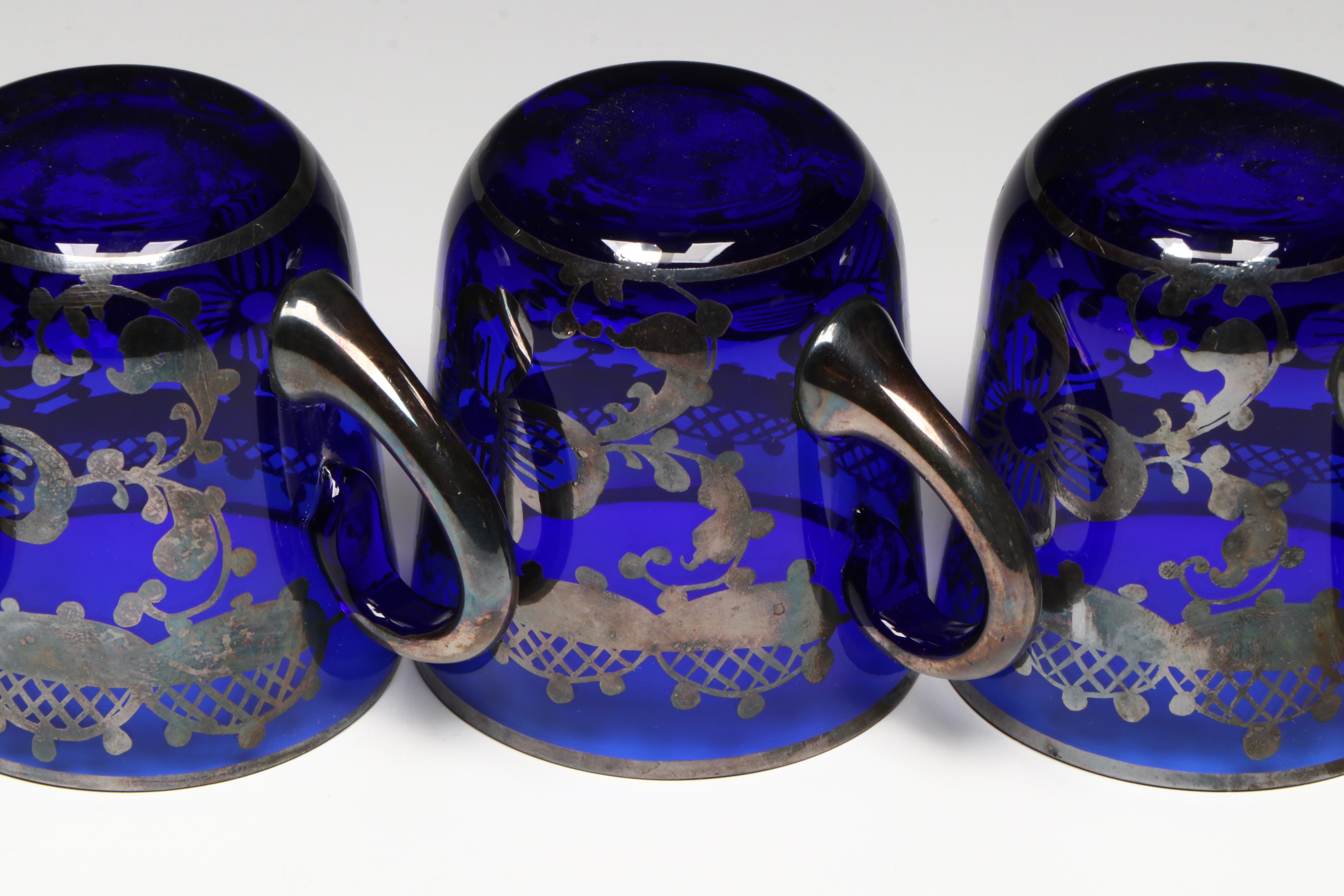 Cobalt Glass and Silver Tone Overlay Punch Set