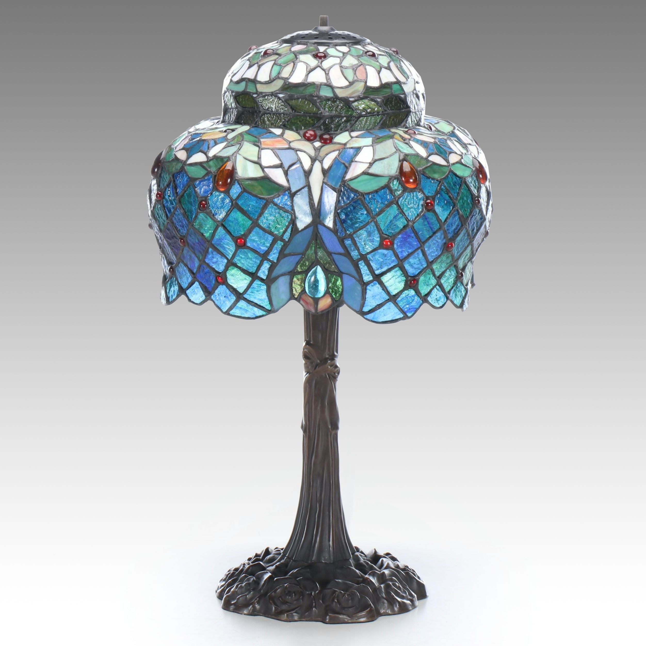 Art Nouveau Style Metal Table Lamp with Rose Base and Slag Glass Shade