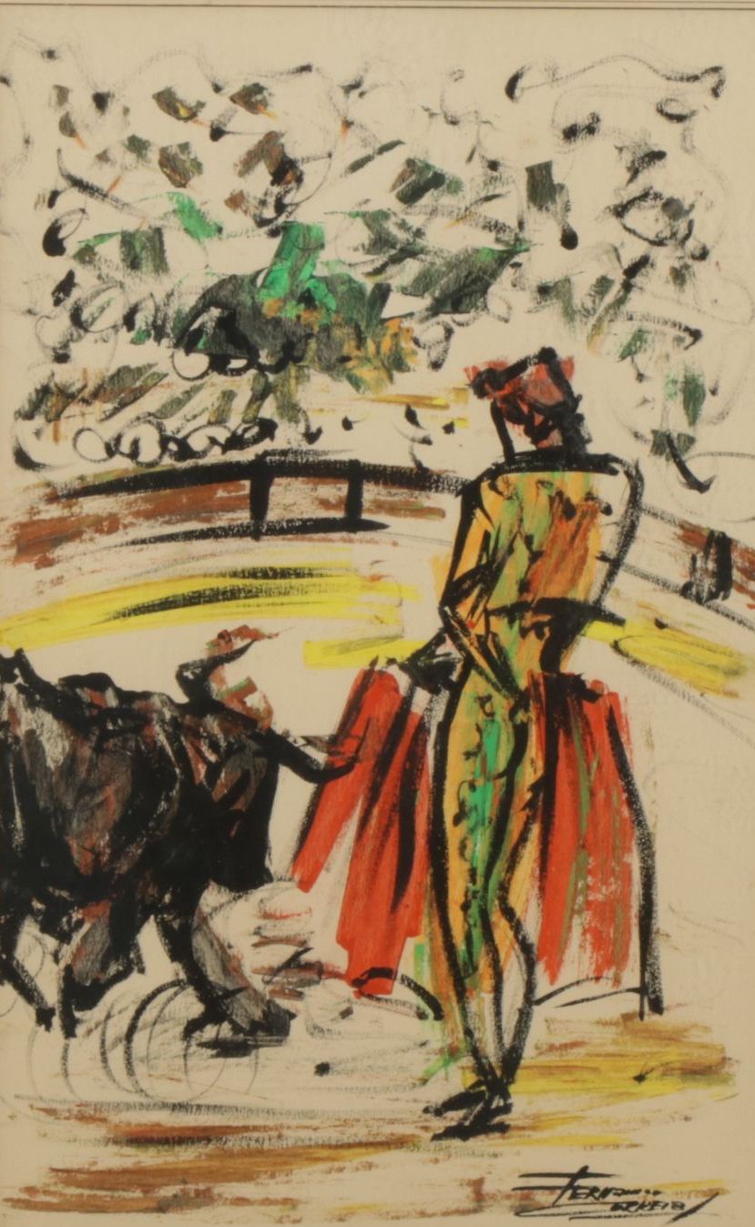 Fernando Correia Acrylic Painting Scene of Bullfighter & Bull, Late 20th Century