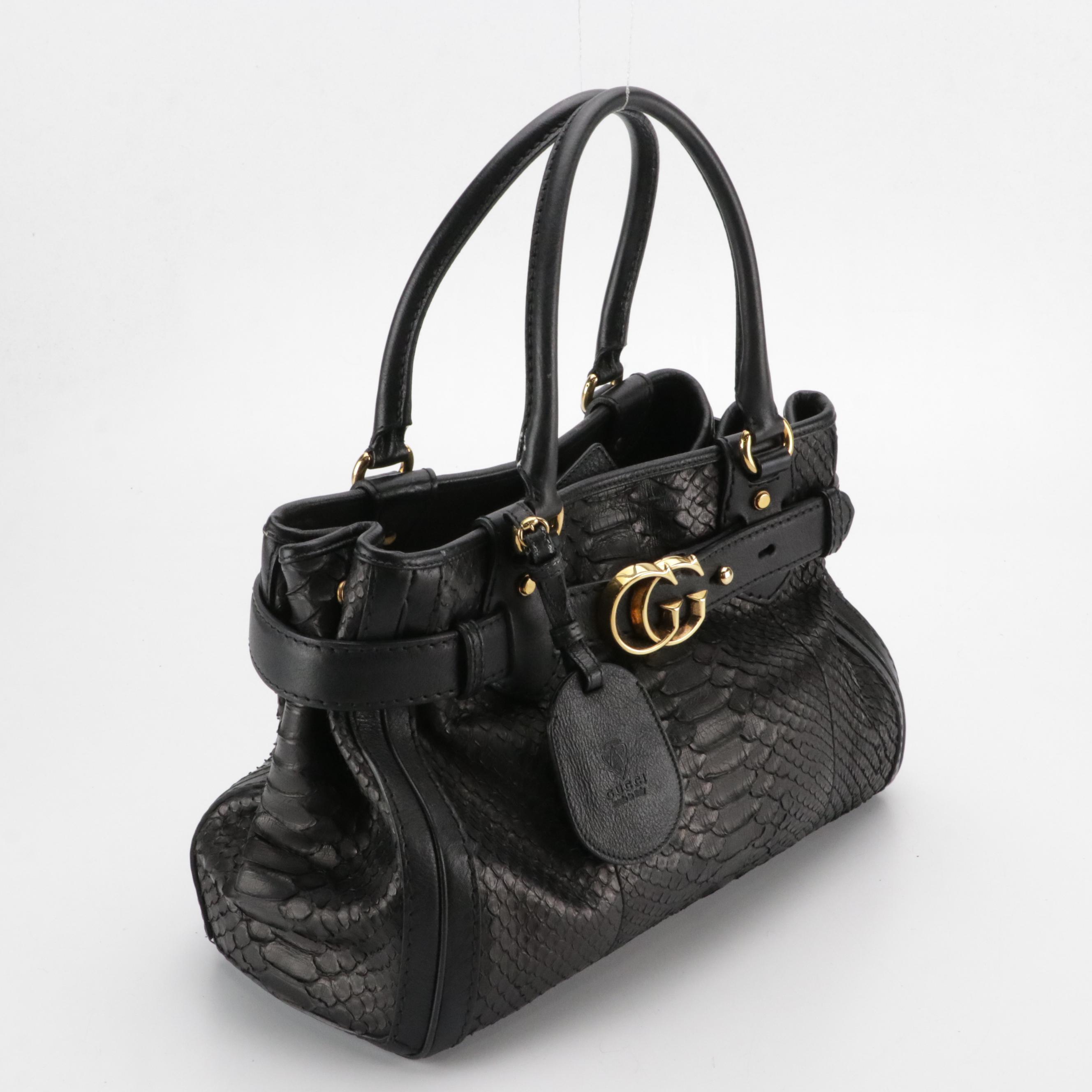 Gucci Medium GG Belted Running Satchel Bag in Black Python Leather