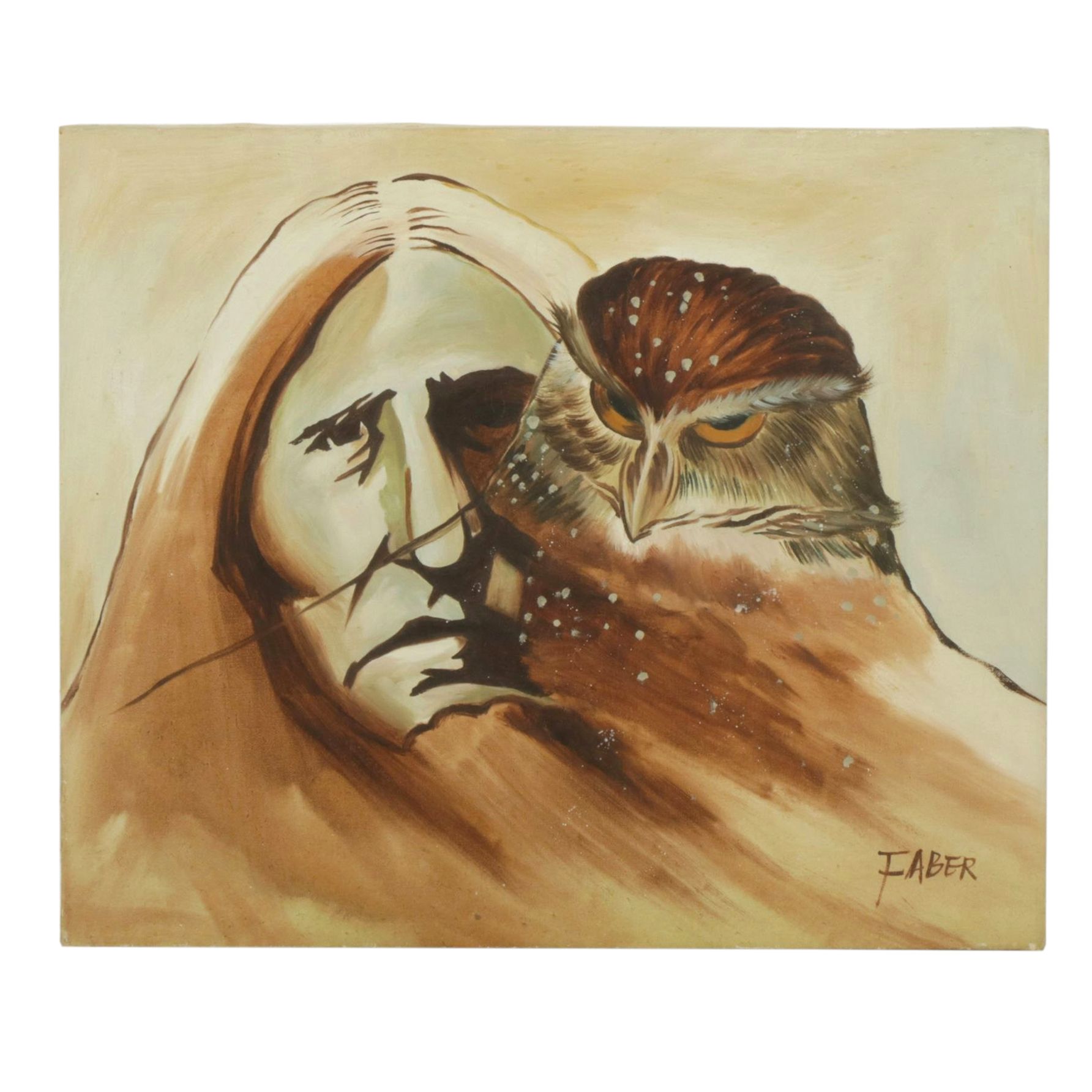 Faber Native American Tribal Portrait of Figure & Owl, Mid to Late 20th Century