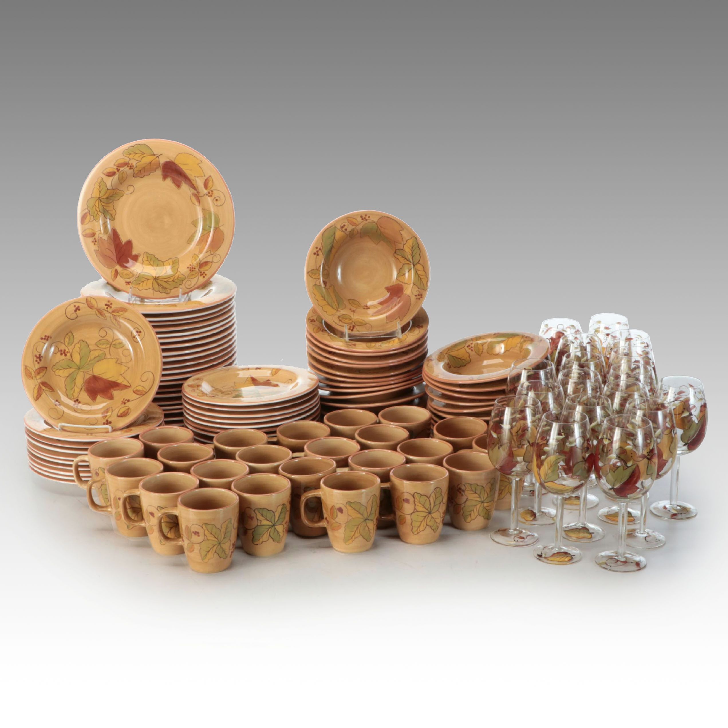 Los Angeles Pottery Laurie Gates Design Autumn Leaf Dinnerware and Wine Glasses