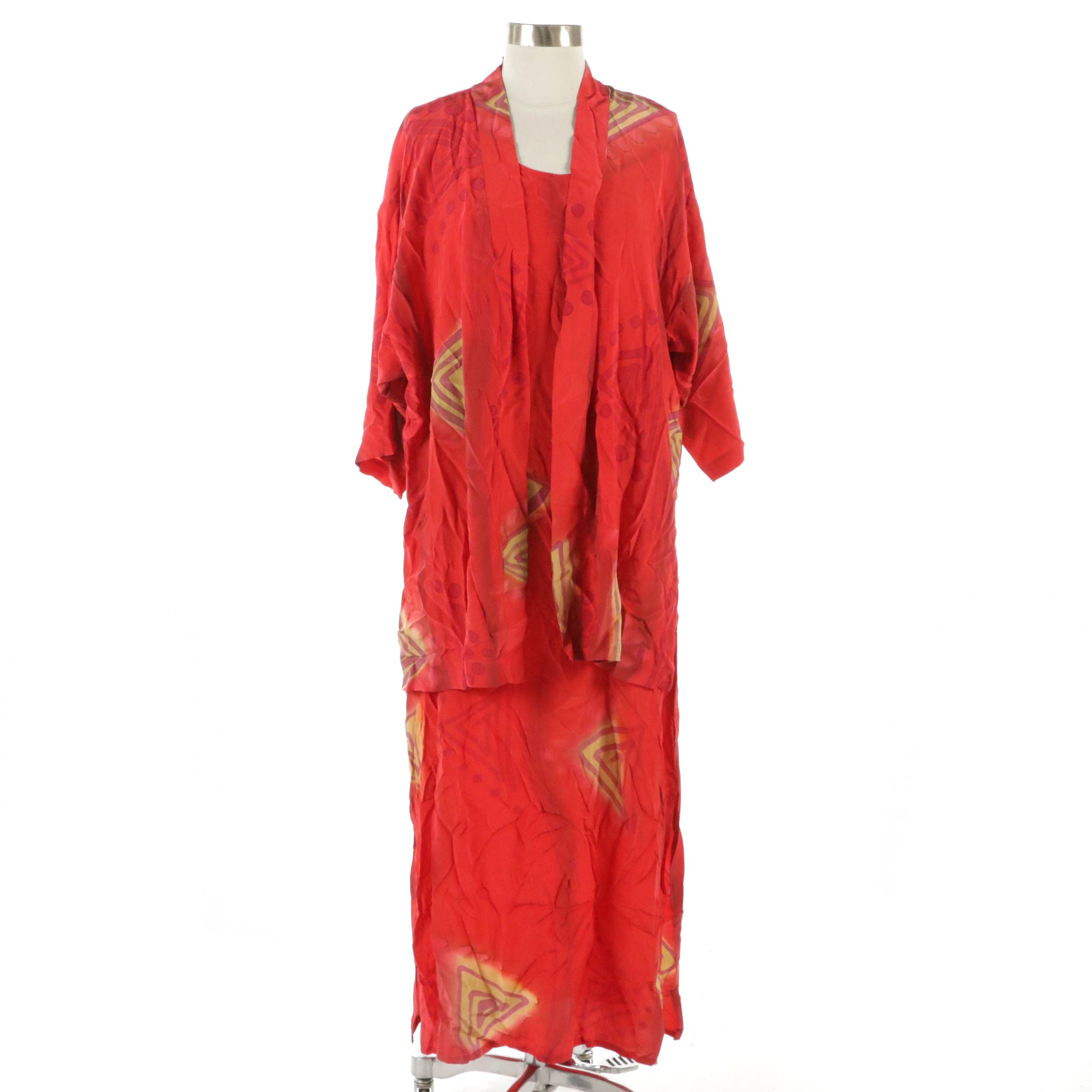 Simply Silk Red Sleeveless Side Slit Midi Dress and Matching Open Robe