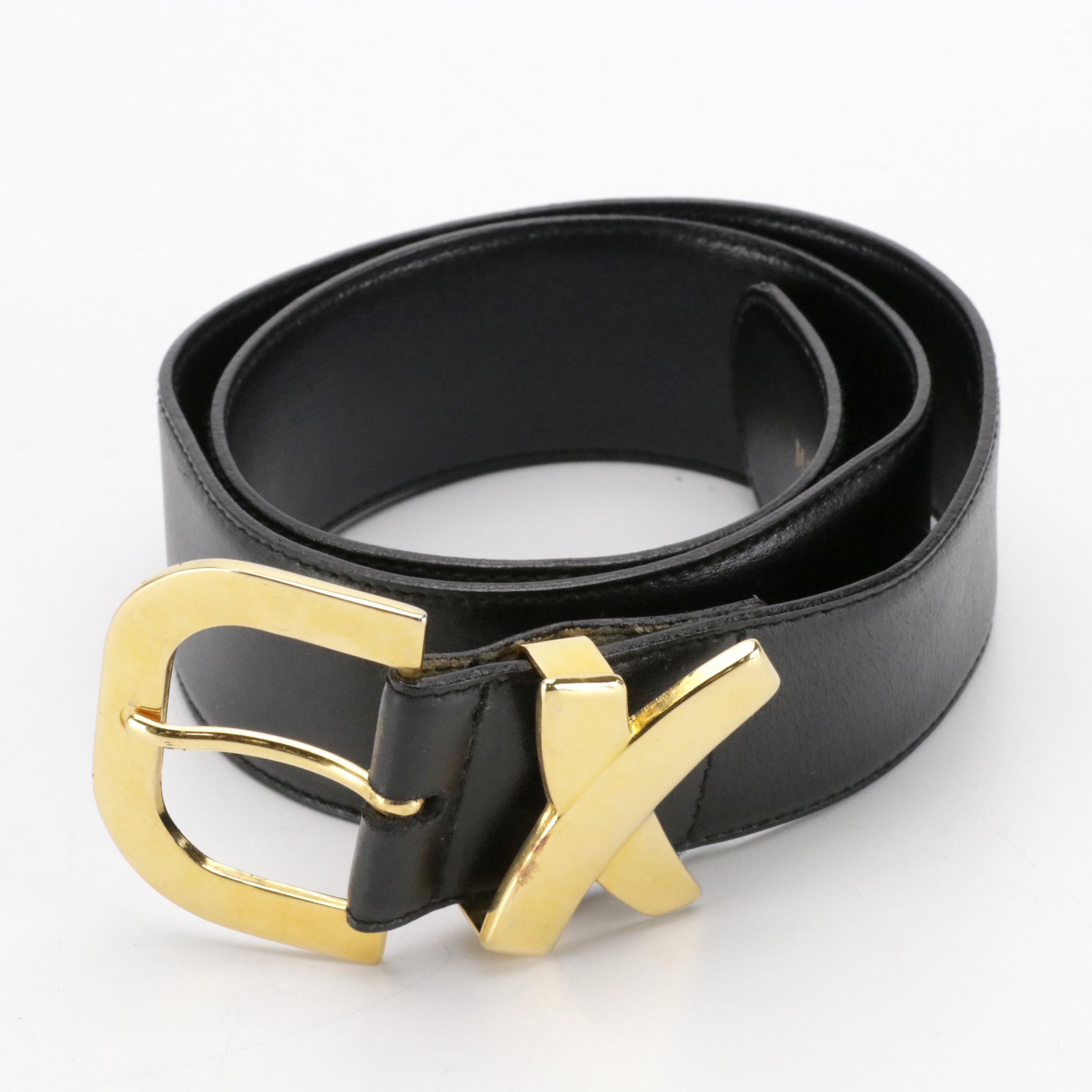 Paloma Picasso Black Leather Belt with Gold Toned Logo Accent