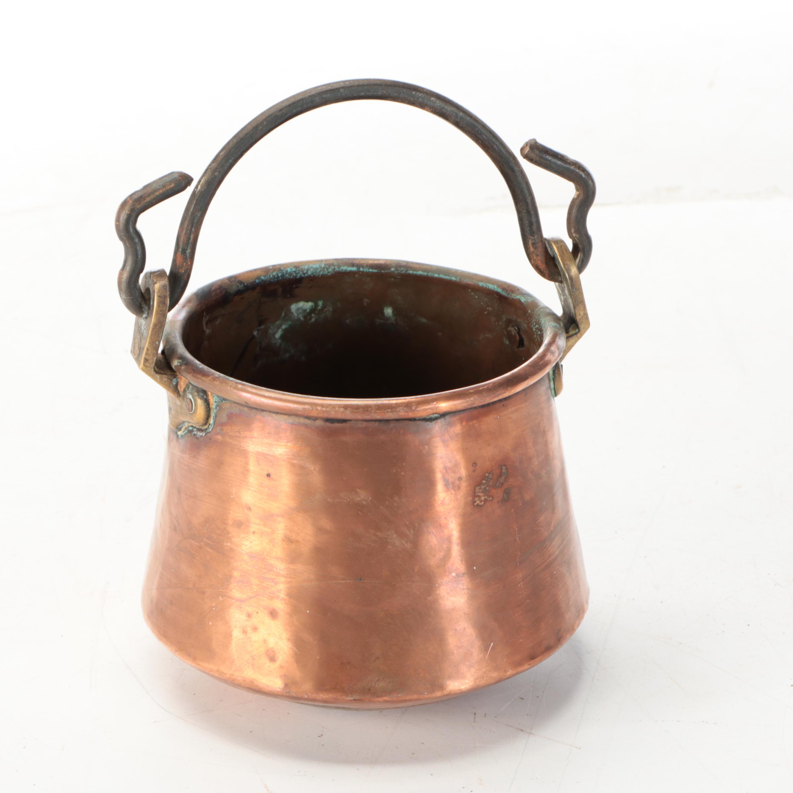 Victorian Tinned Copper Cauldron Pots with Wrought Iron Handles