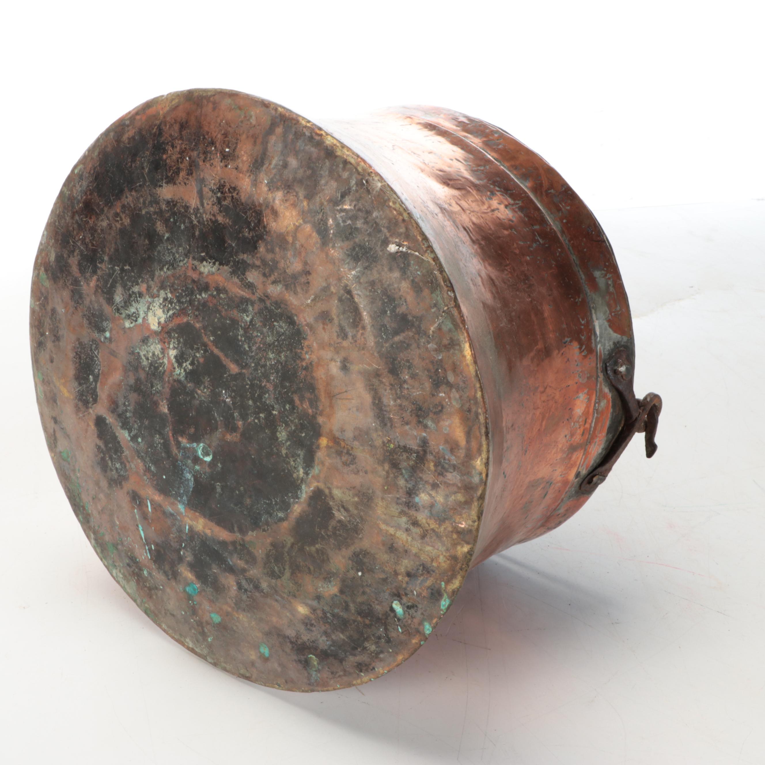 Victorian Tinned Copper Cauldron Pots with Wrought Iron Handles