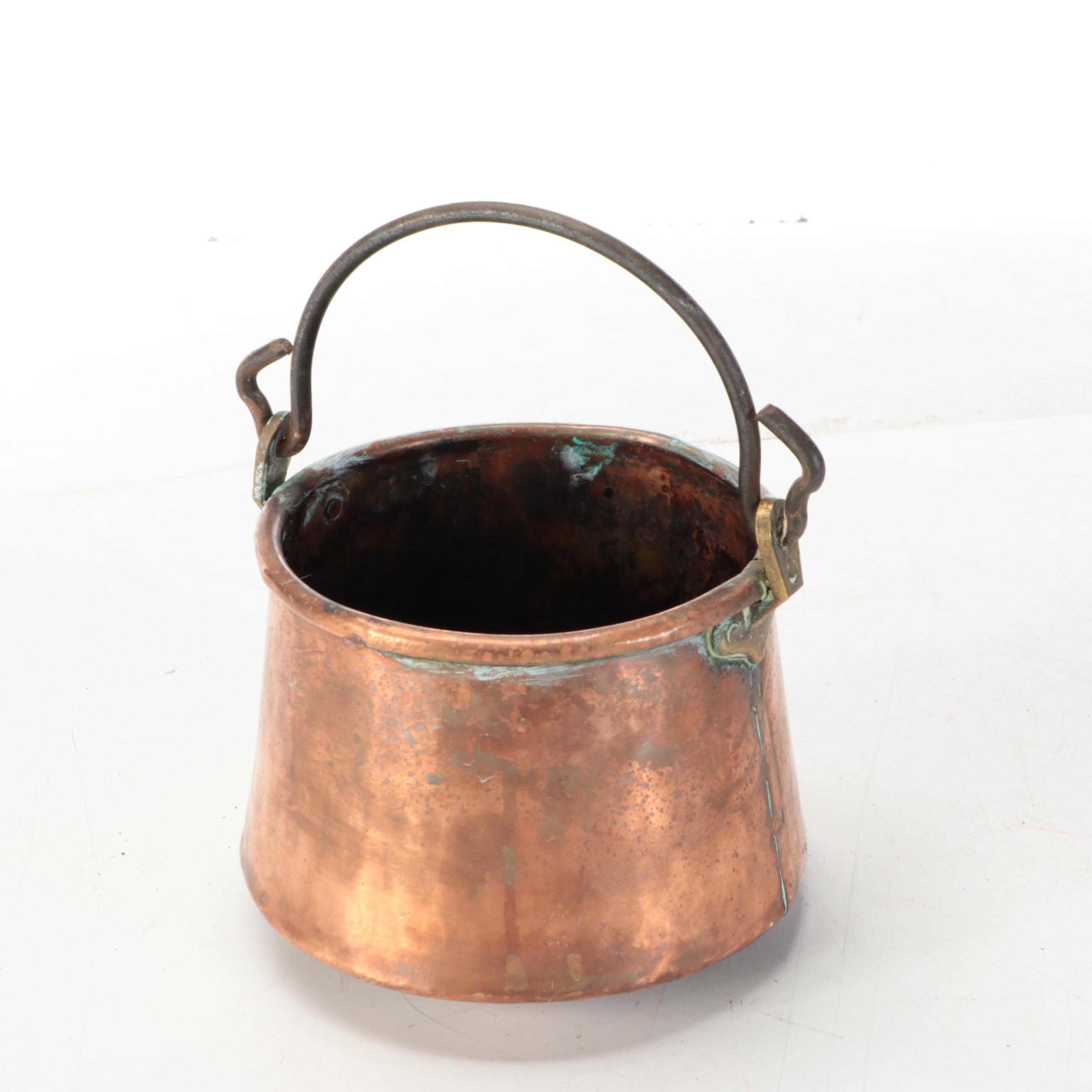 Victorian Tinned Copper Cauldron Pots with Wrought Iron Handles