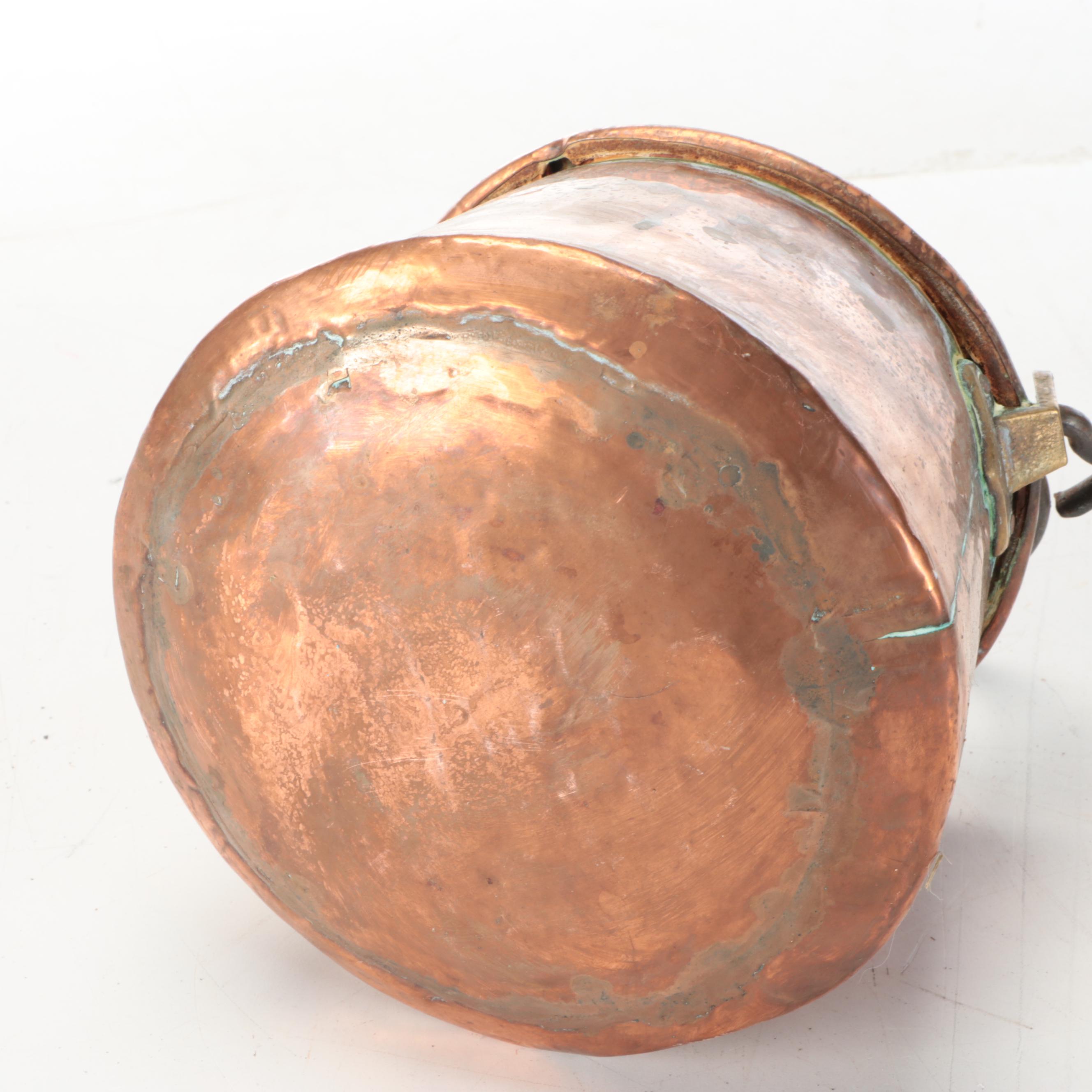 Victorian Tinned Copper Cauldron Pots with Wrought Iron Handles
