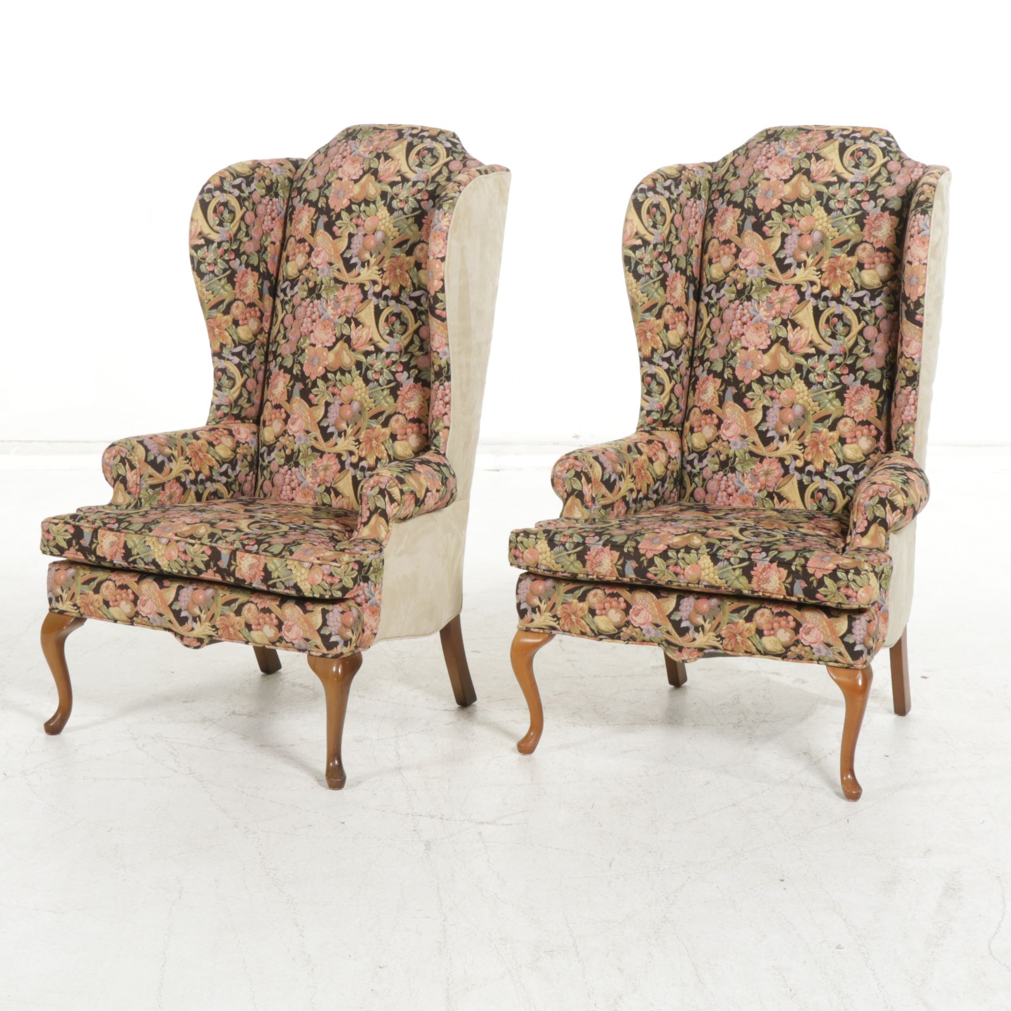 Pair of Queen Anne Style Wing Back Armchairs with Custom Upholstery