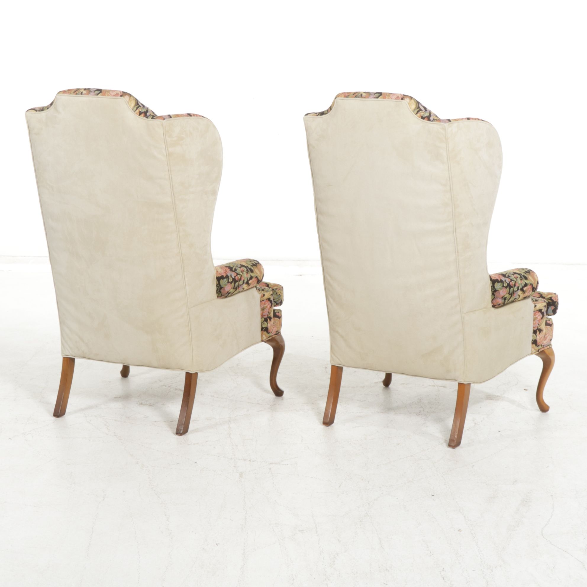 Pair of Queen Anne Style Wing Back Armchairs with Custom Upholstery
