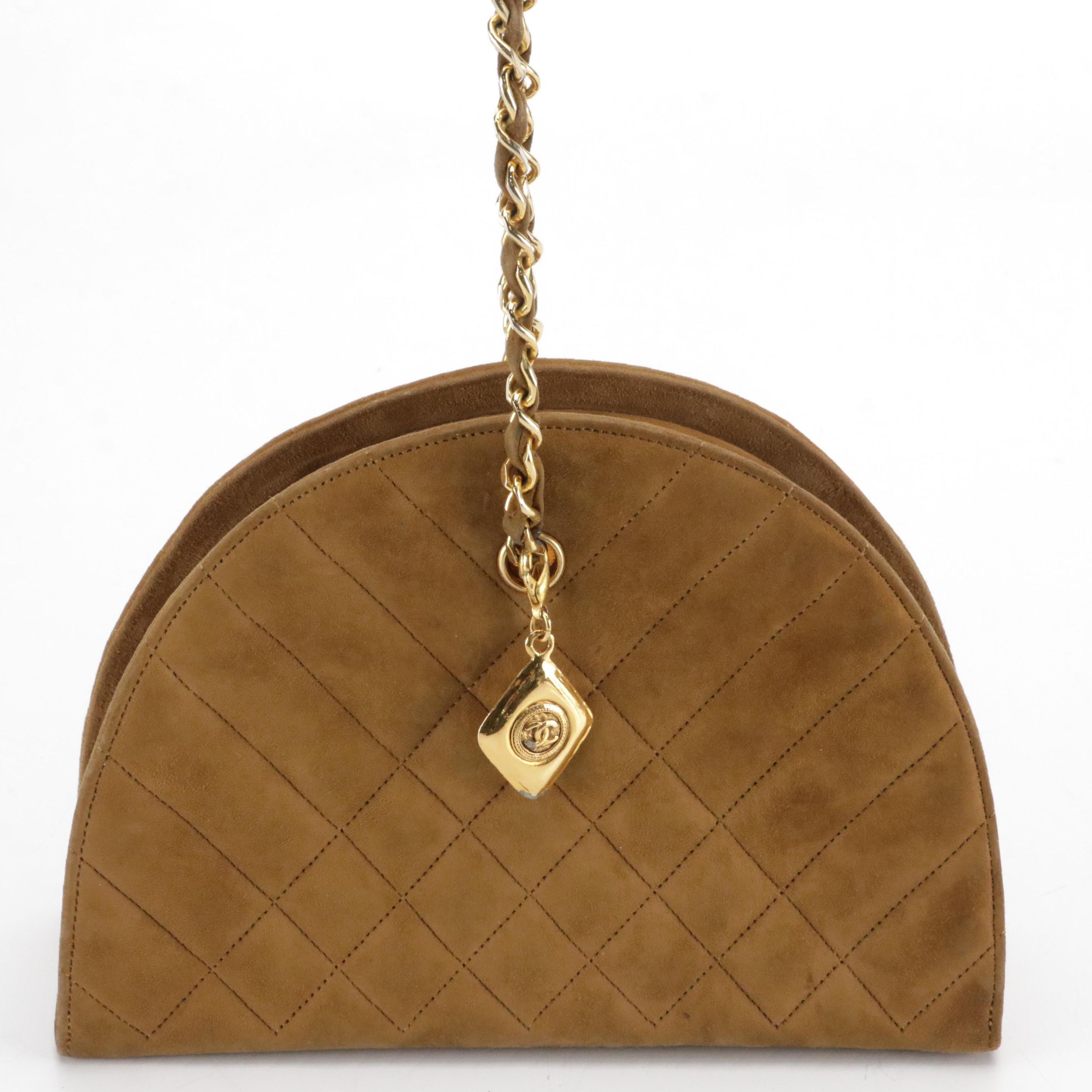 Chanel Half Moon Chain Link Shoulder Bag in Brown Stitched Suede