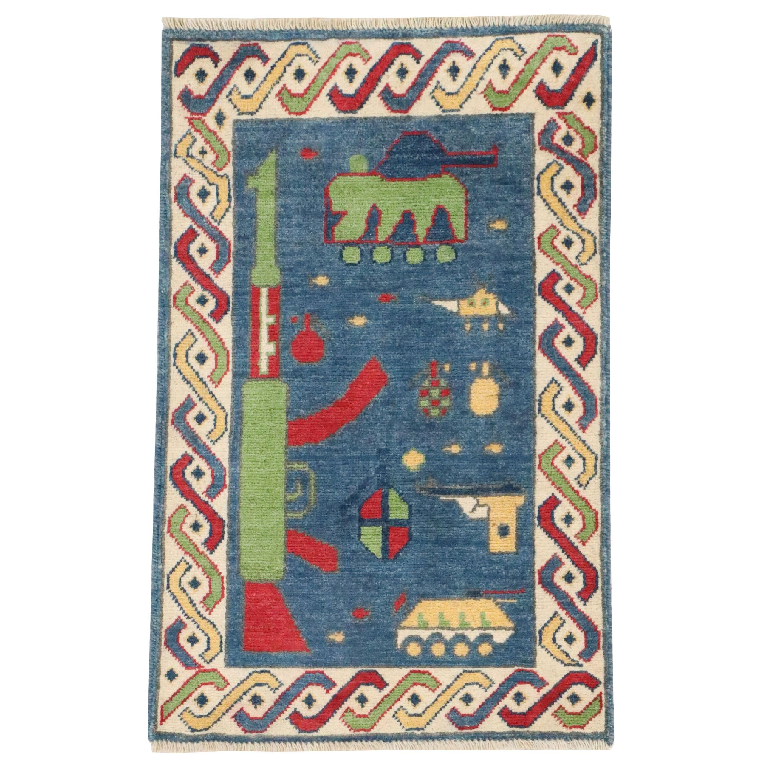 1'11 x 3' Hand-Knotted Afghan Pictorial War Accent Rug