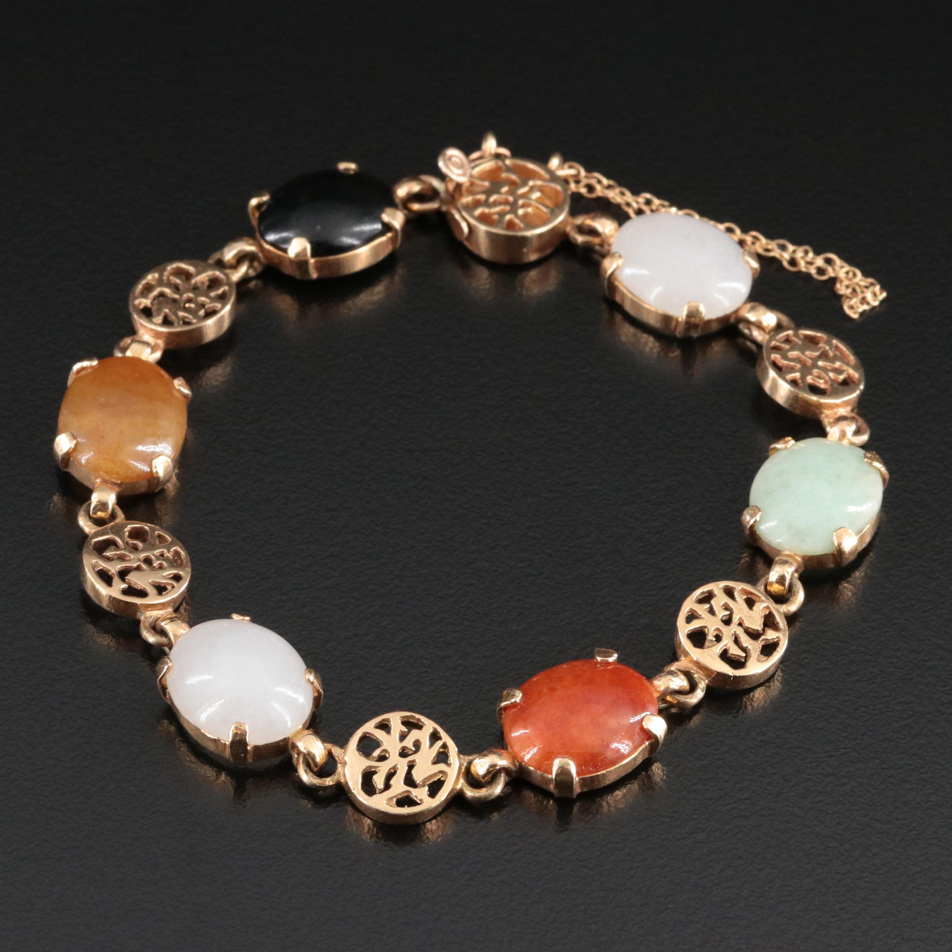 14K Jadeite and Onyx Chinese Character Station Bracelet