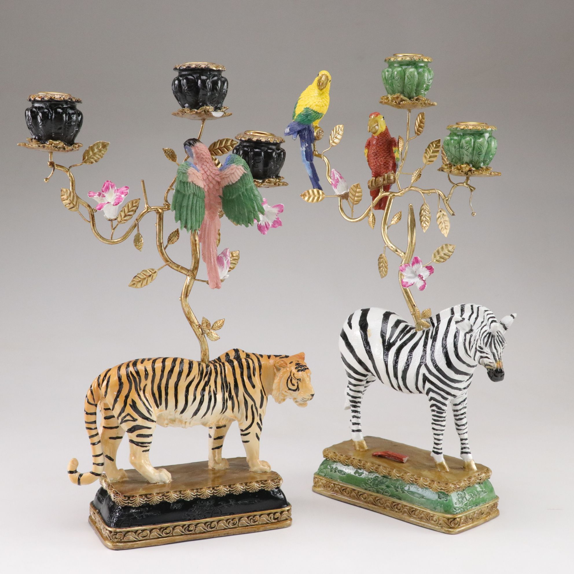 Werns Zebra and Tiger Resin Candelabras with Birds and Floral Accents