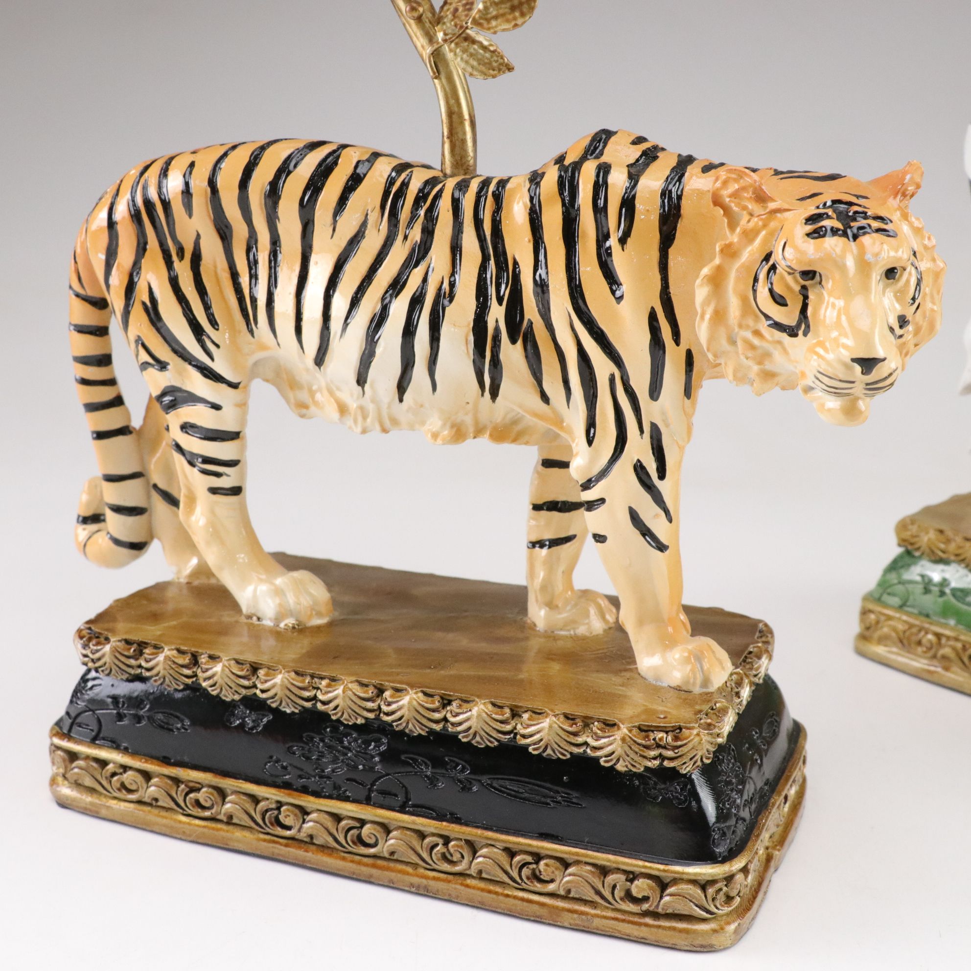 Werns Zebra and Tiger Resin Candelabras with Birds and Floral Accents