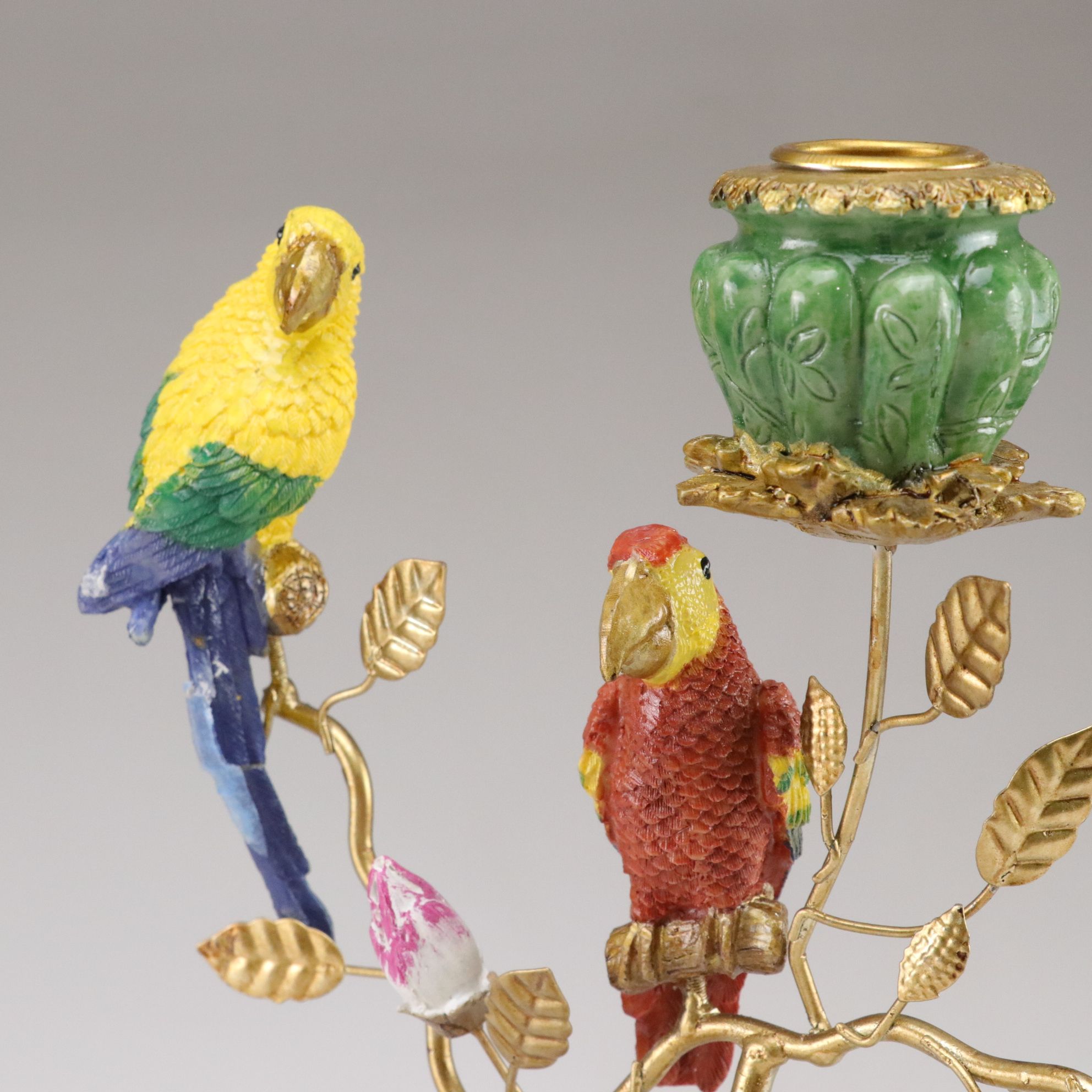 Werns Zebra and Tiger Resin Candelabras with Birds and Floral Accents