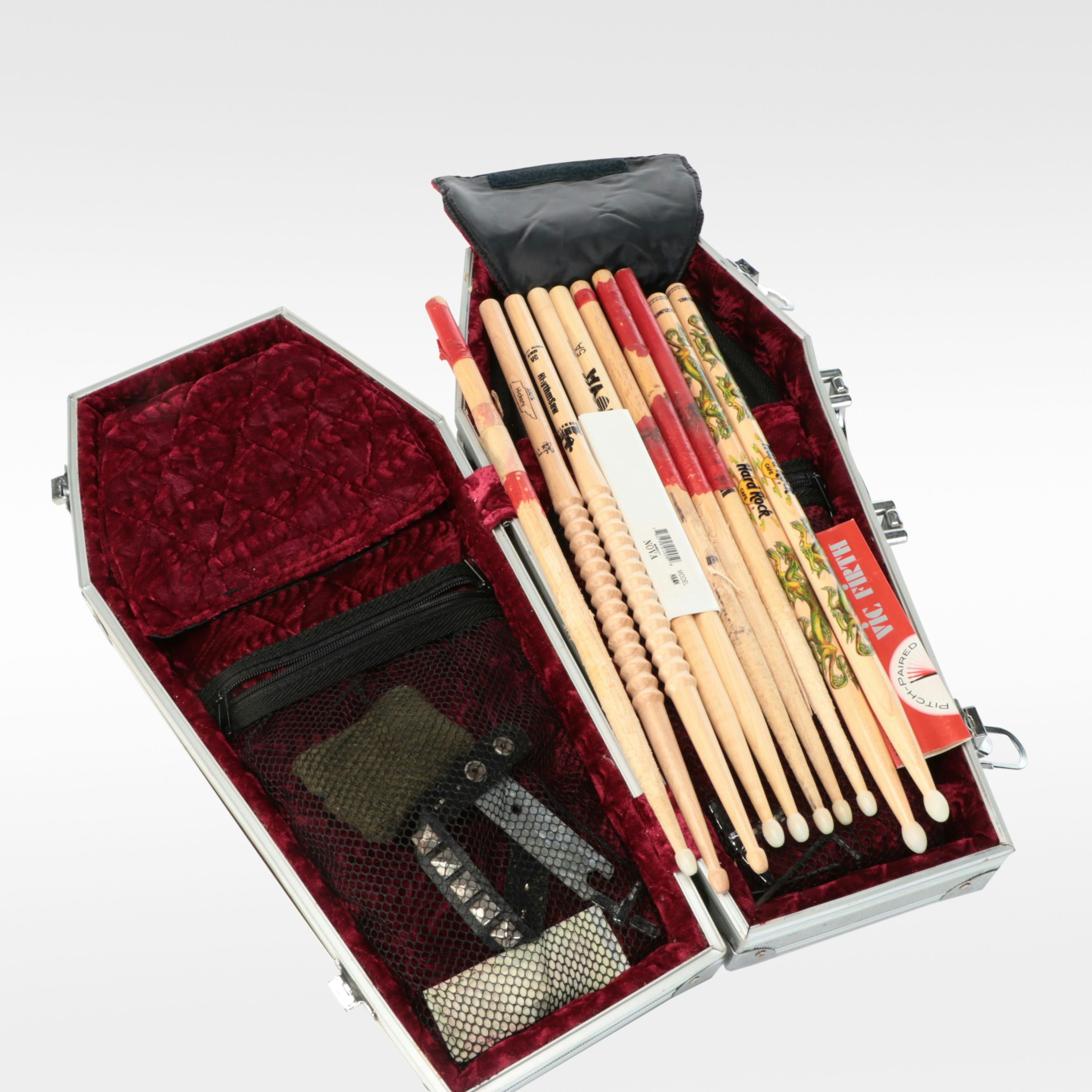The Coffin Case Aluminum Gear Case with Nova 5A Hickory and More Drumsticks