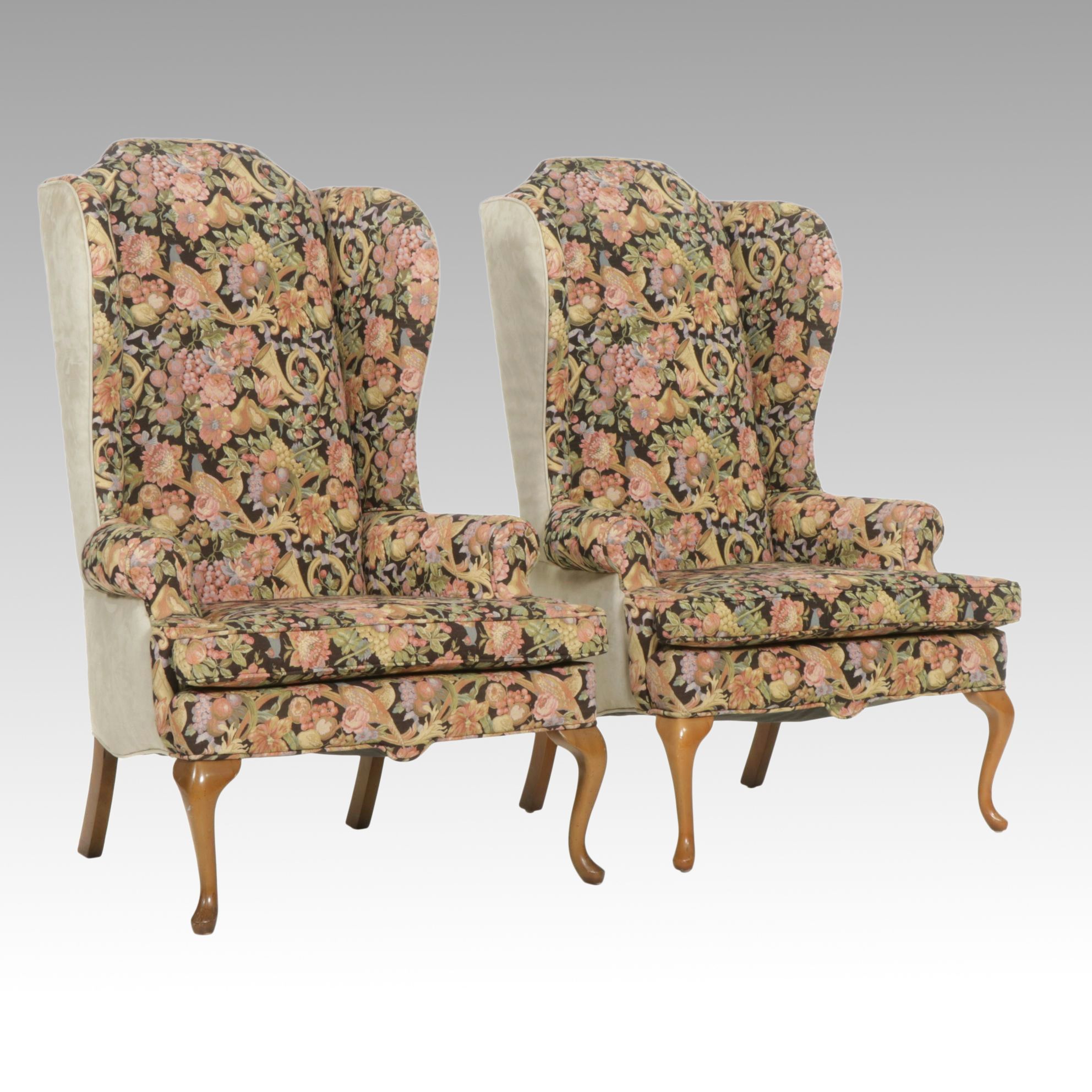 Pair of Queen Anne Style Wing Back Armchairs with Custom Upholstery