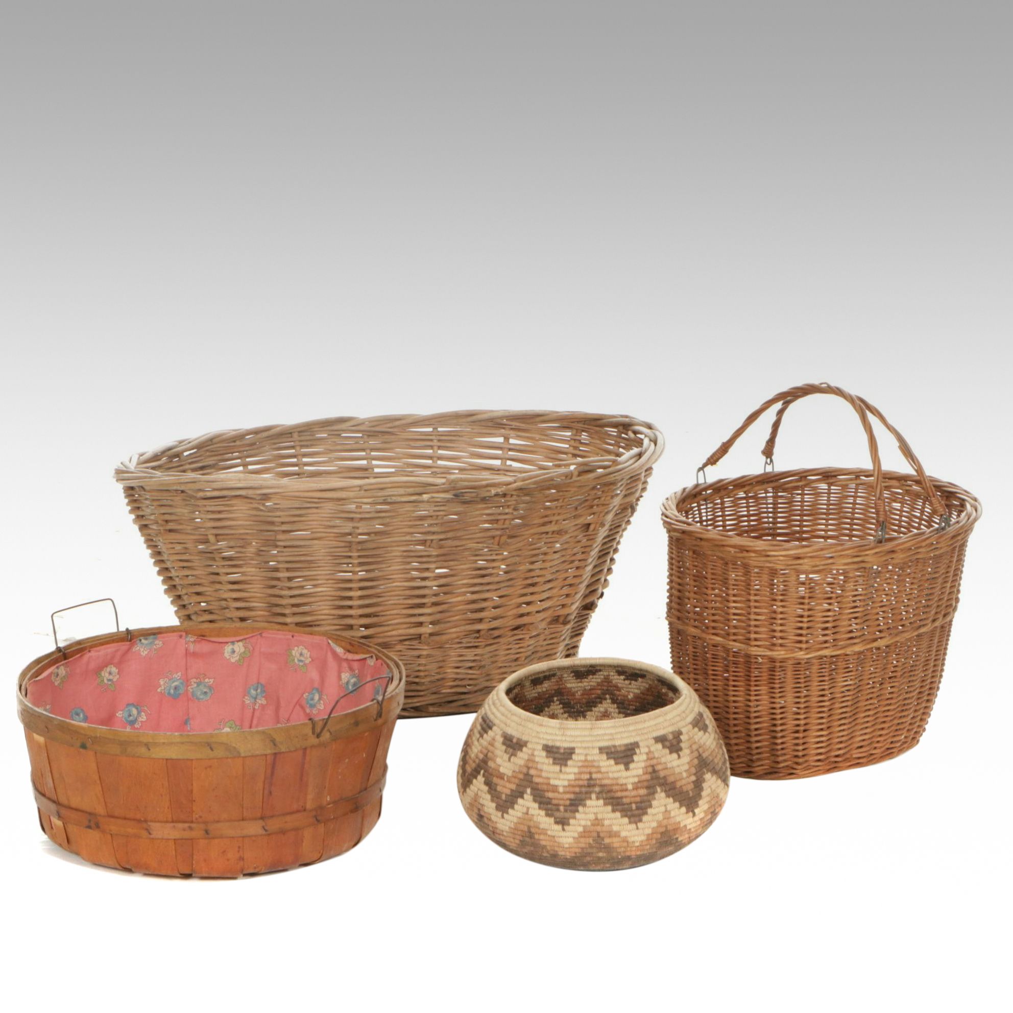 Pima Coiled Basket with Rustic Wood and Other Woven Baskets