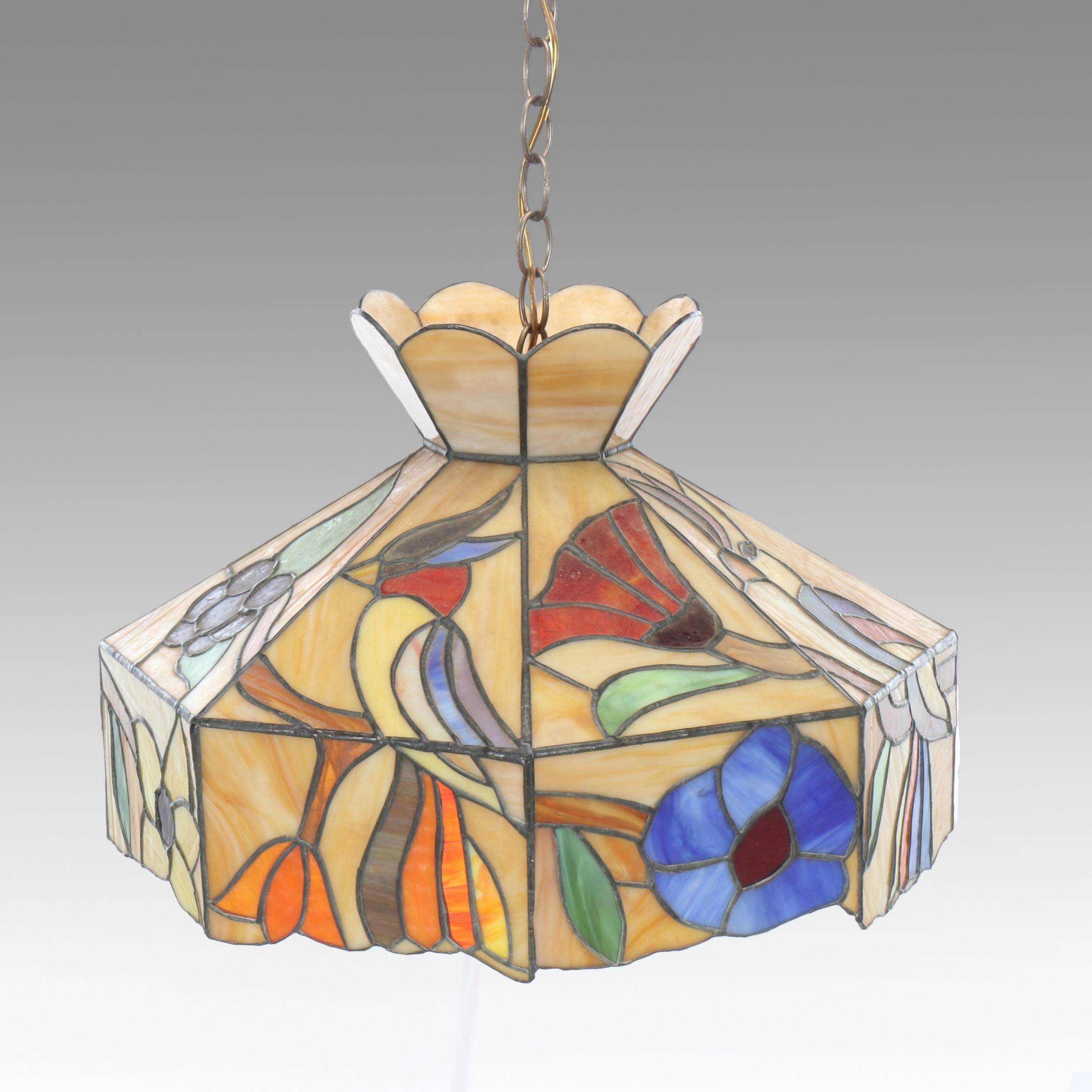 Tropical Flower and Parrot Motif Slag Glass Pendant Swag Lamp