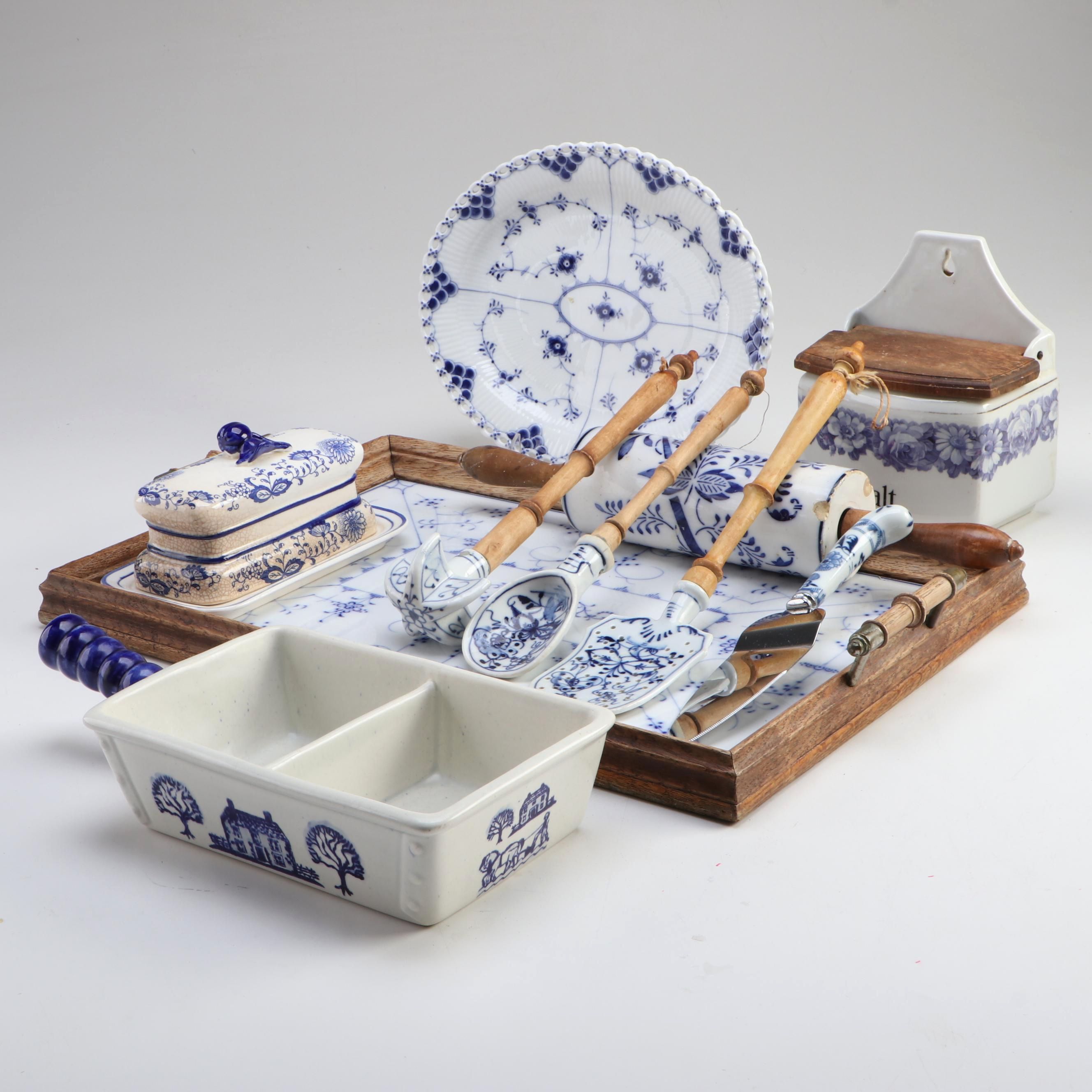 Royal Copenhagen Platter with Serving Tray and Other Ceramic and Wood Tableware