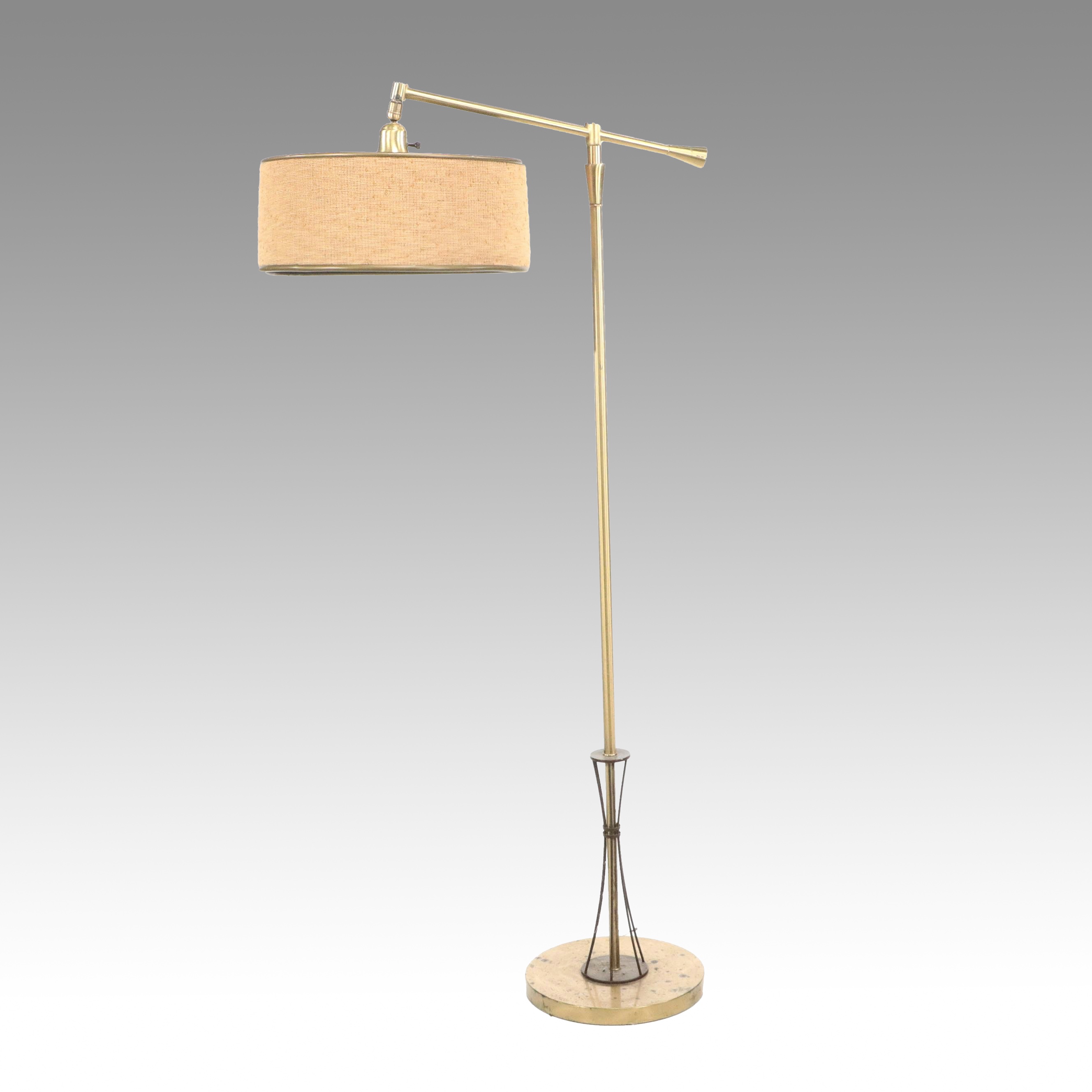 Postmodern Style Brass Cantilever Floor Lamp with Linen Drum Shade