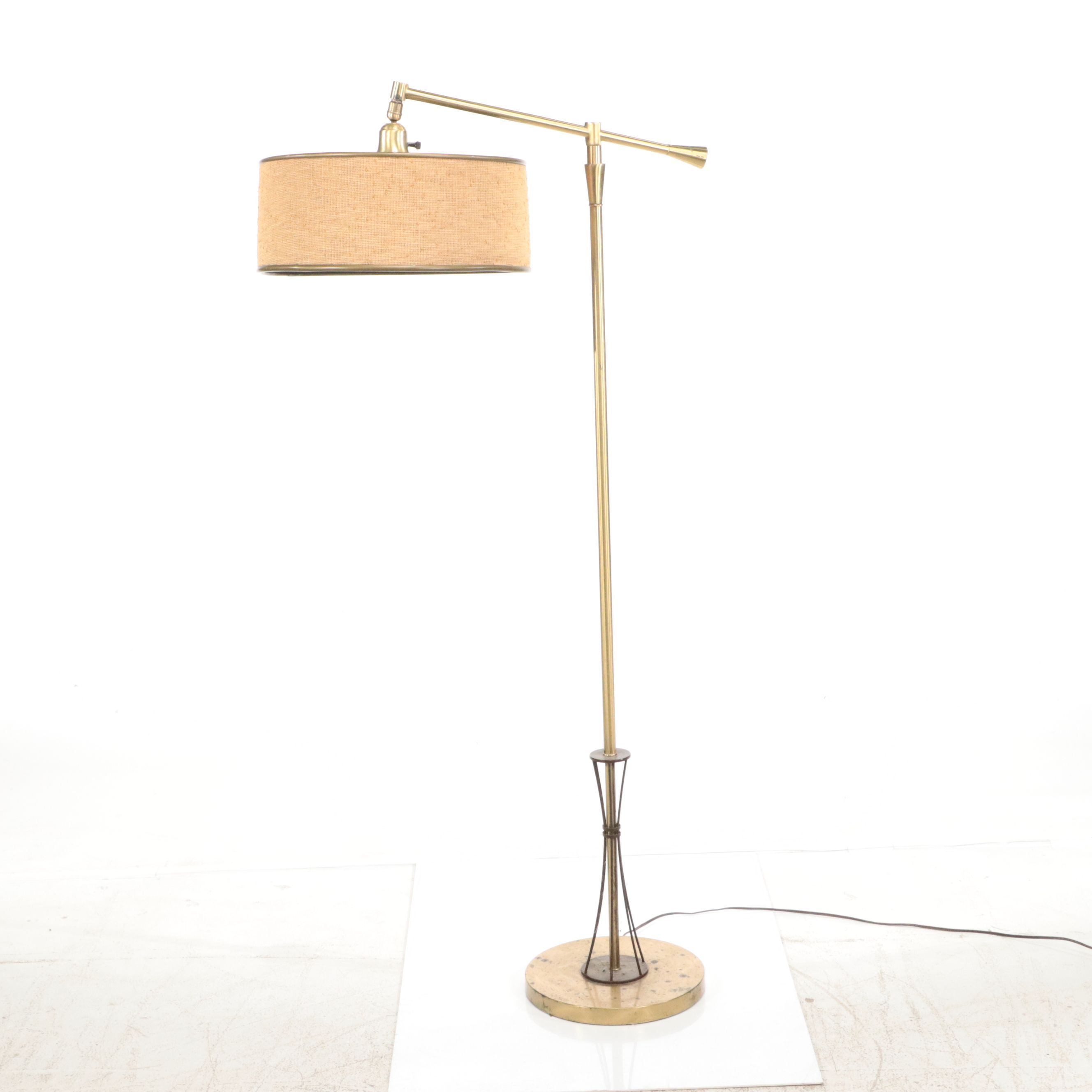 Postmodern Style Brass Cantilever Floor Lamp with Linen Drum Shade