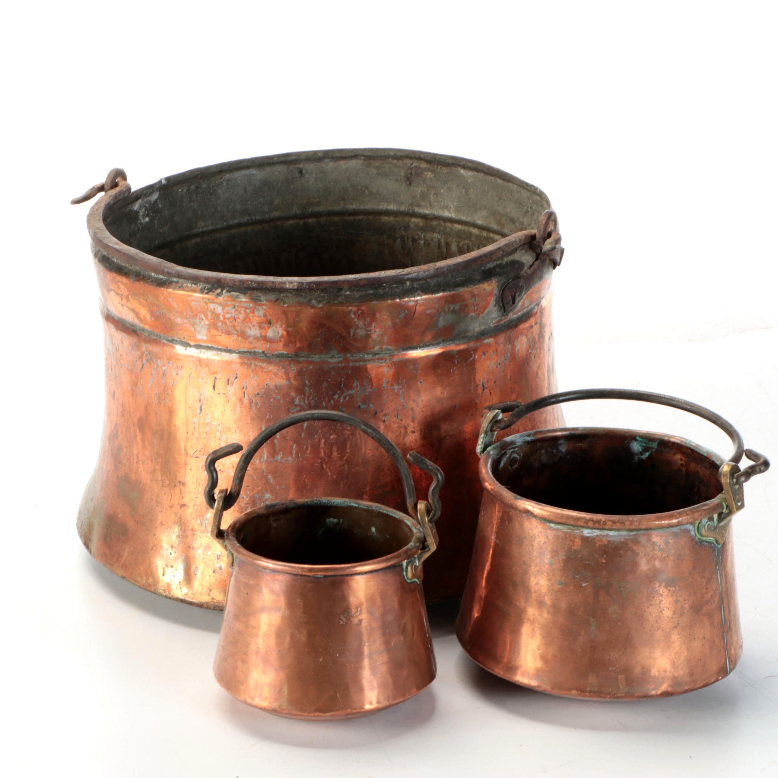 Victorian Tinned Copper Cauldron Pots with Wrought Iron Handles