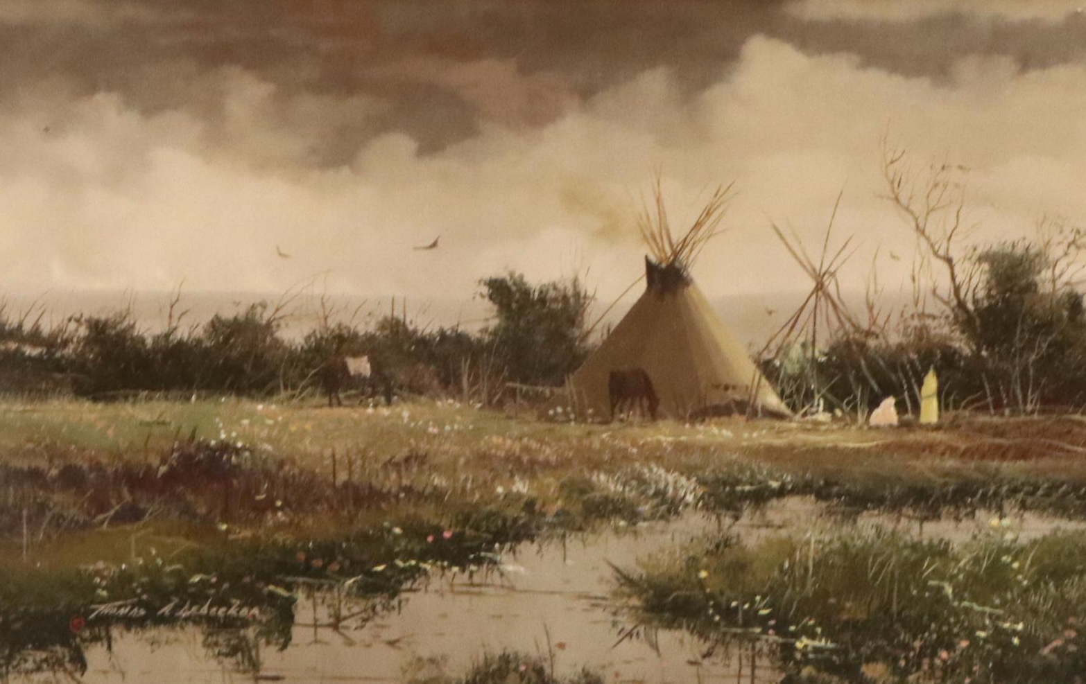 Thomas A. DeDecker Oil Painting of Crow Encampment, Late 20th Century